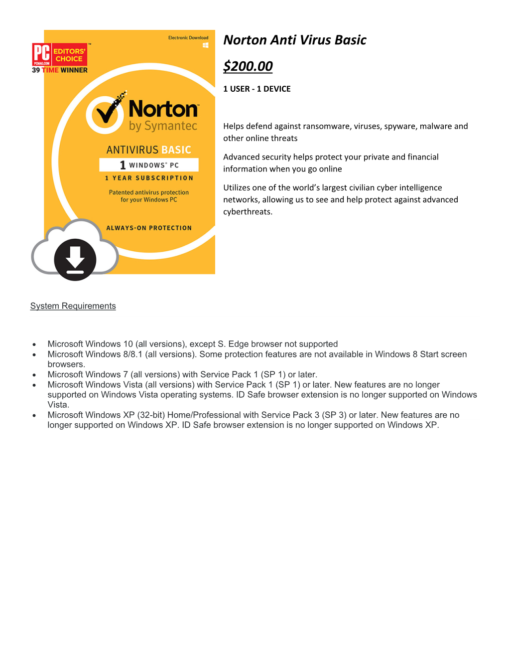 Norton Anti Virus Basic $200.00