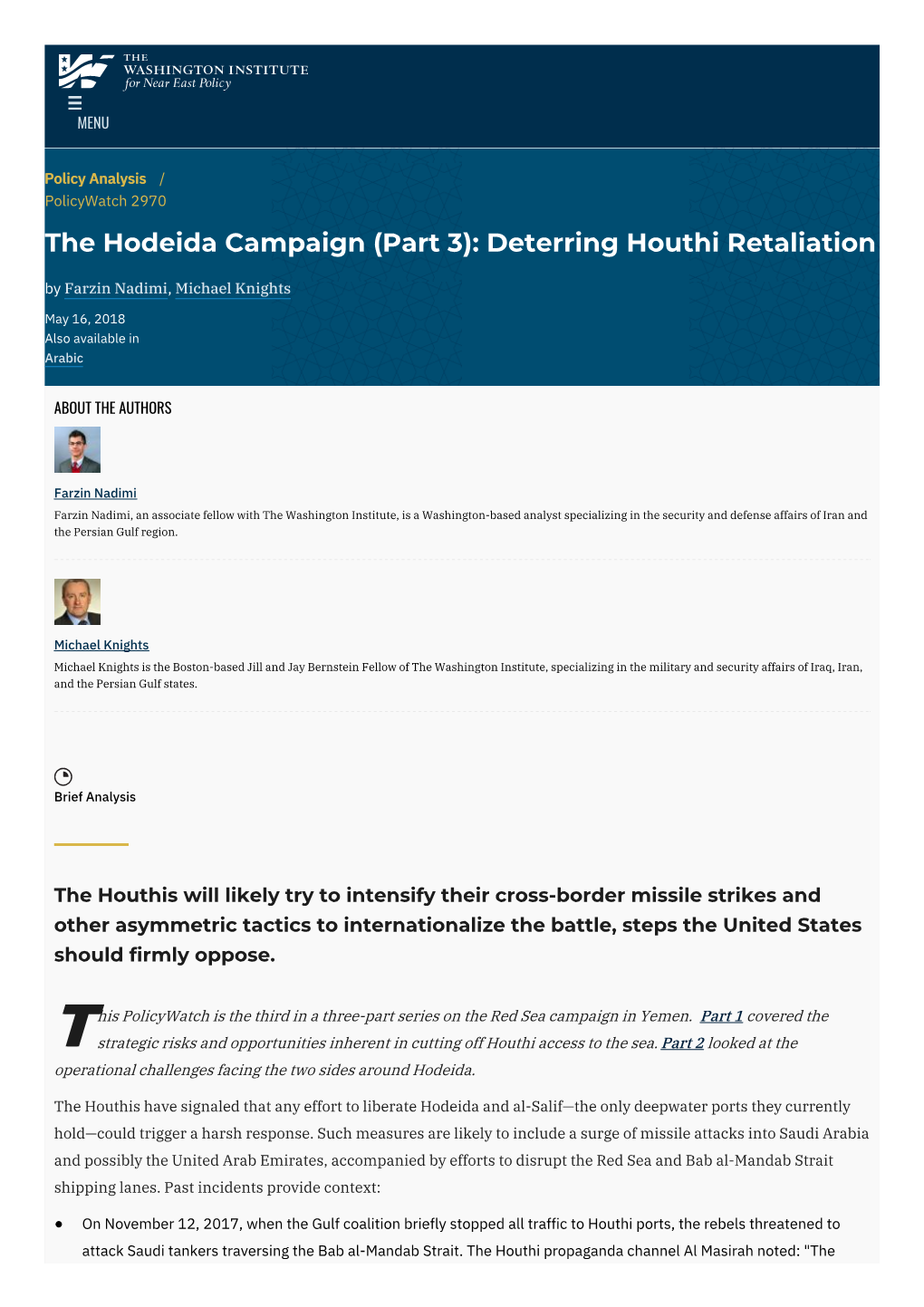 The Hodeida Campaign (Part 3): Deterring Houthi Retaliation | the Washington Institute