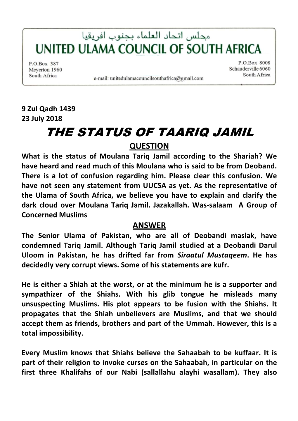 The Status of Taariq Jamil