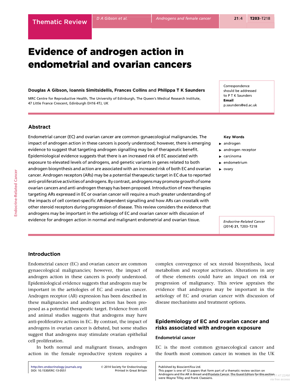 Evidence of Androgen Action in Endometrial and Ovarian Cancers