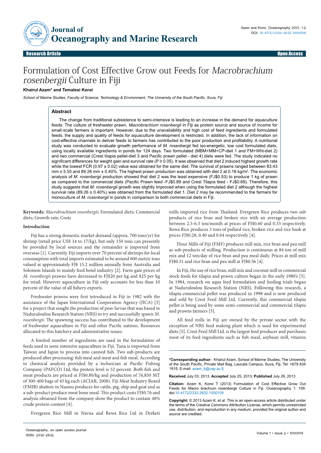 Formulation of Cost Effective Grow out Feeds for Macrobrachium