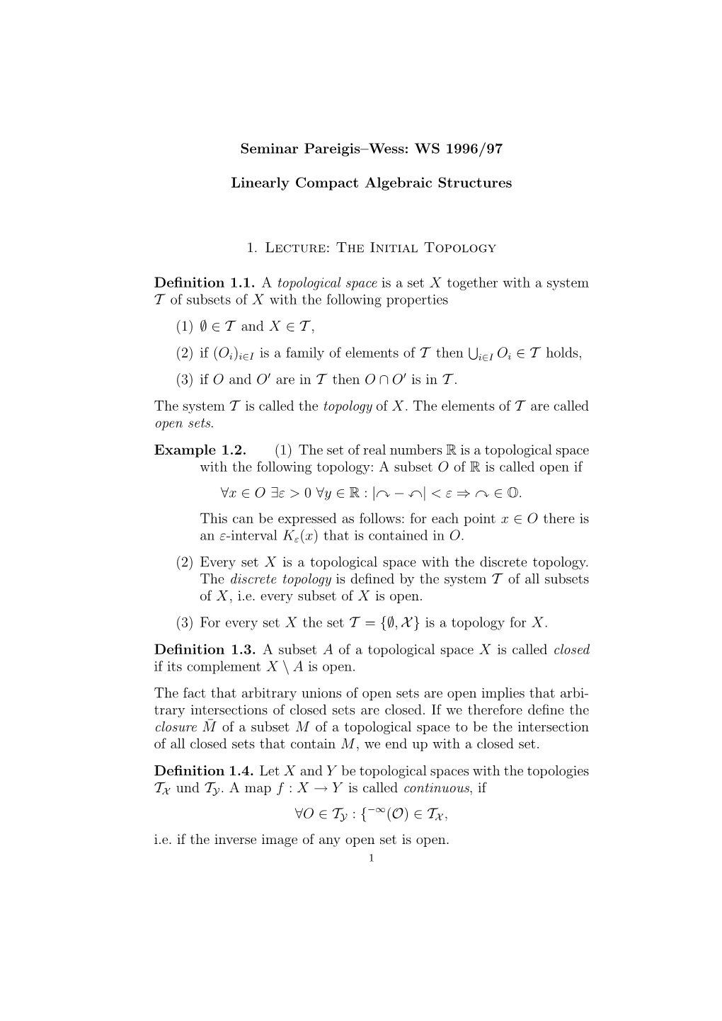 Seminar Pareigis–Wess: WS 1996/97 Linearly Compact Algebraic