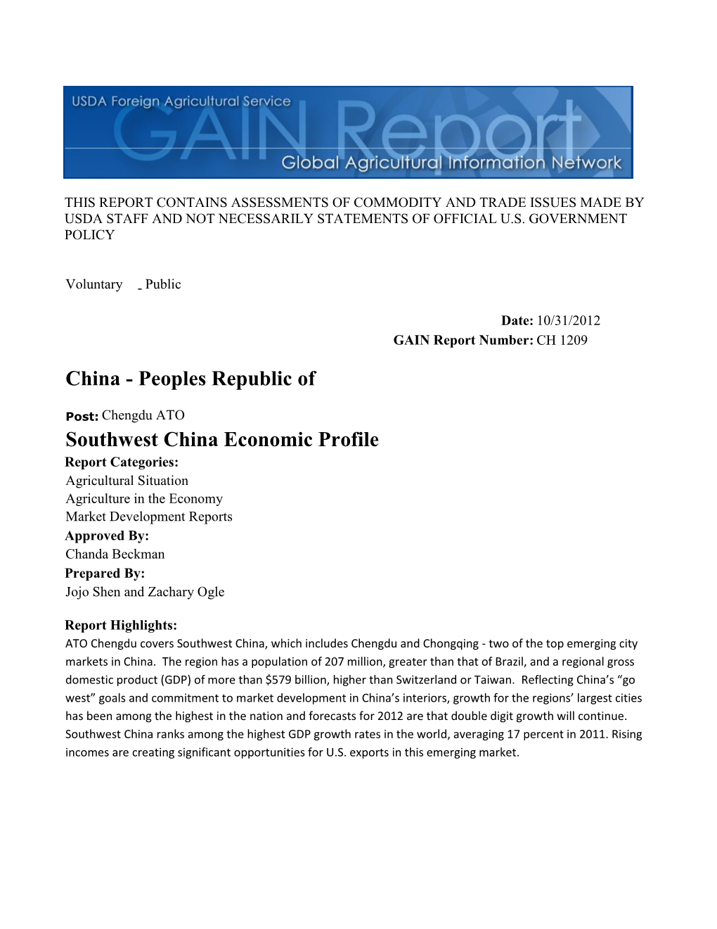 Southwest China Economic Profile China