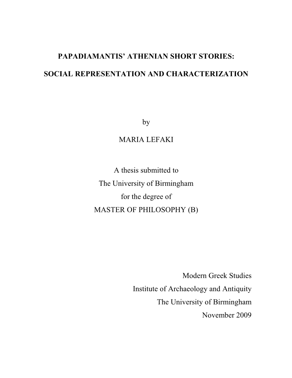 Papadiamantis' Athenian Short Stories