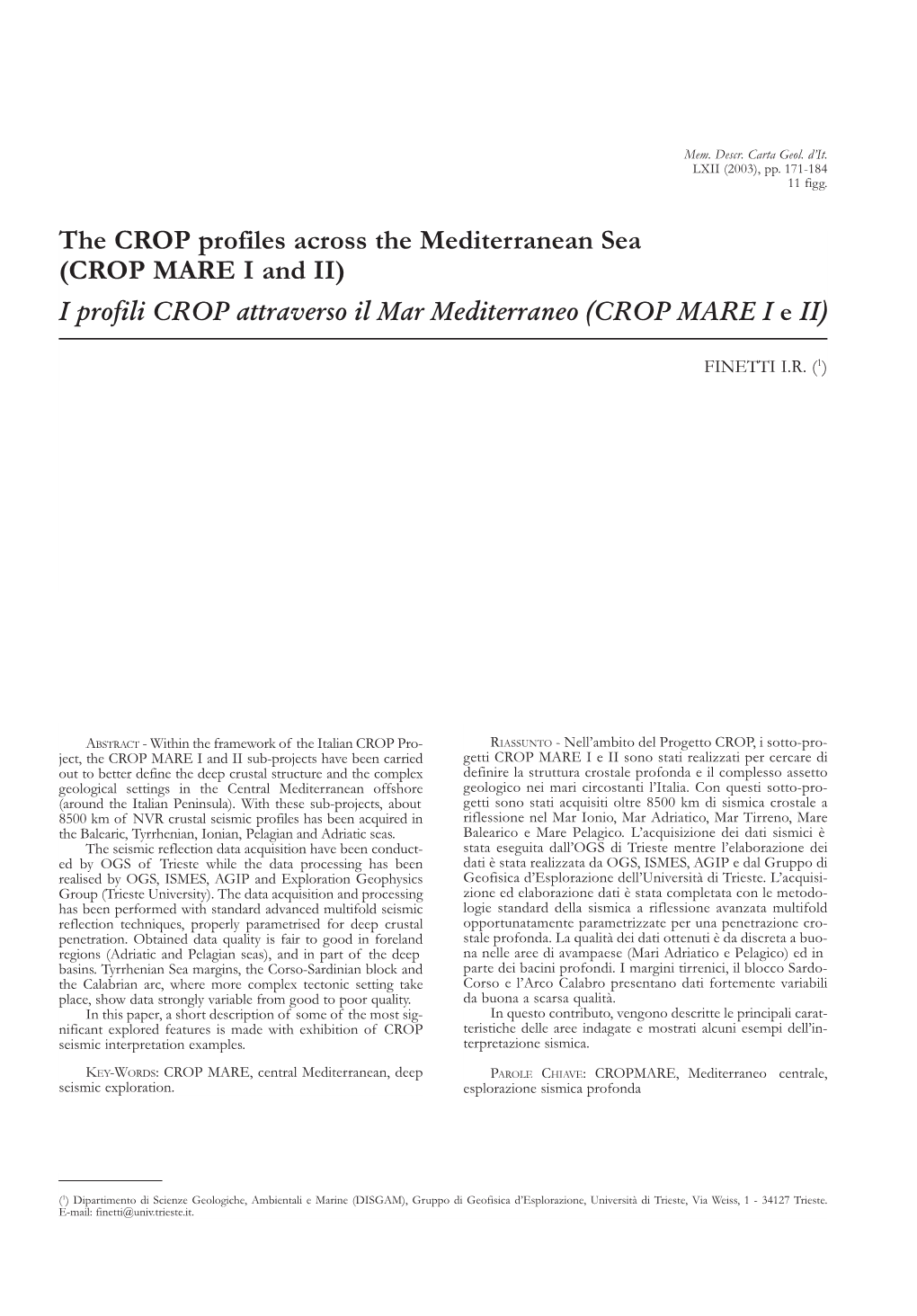 The CROP Profiles Across the Mediterranean Sea (CROP MARE I and II) I Profili CROP Attraverso Il Mar Mediterraneo (CROP MARE I E II)