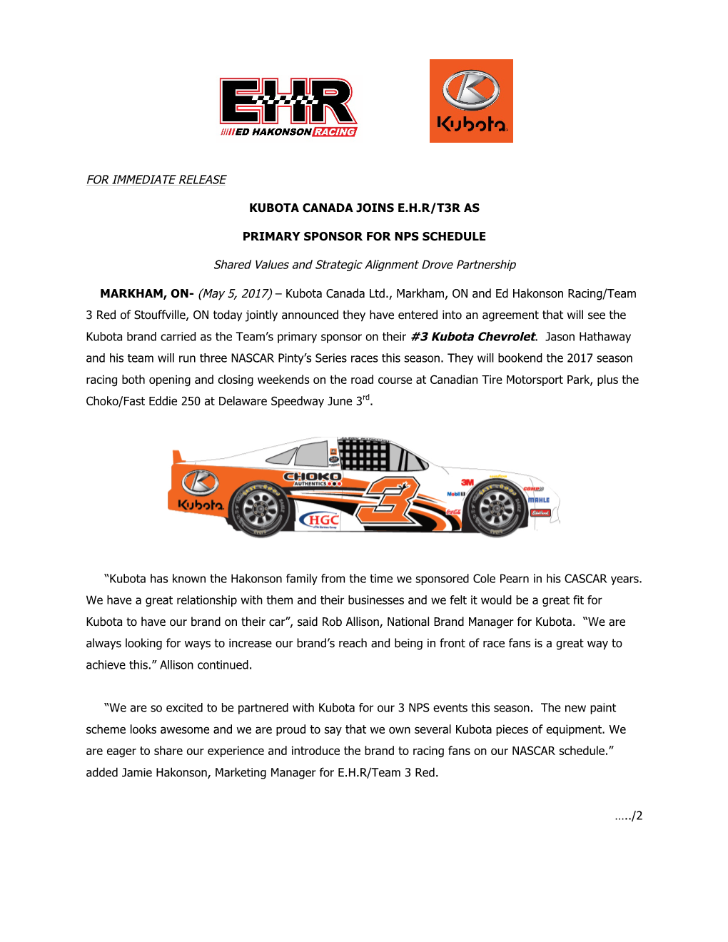 Kubota EHR Joint Press Release Final