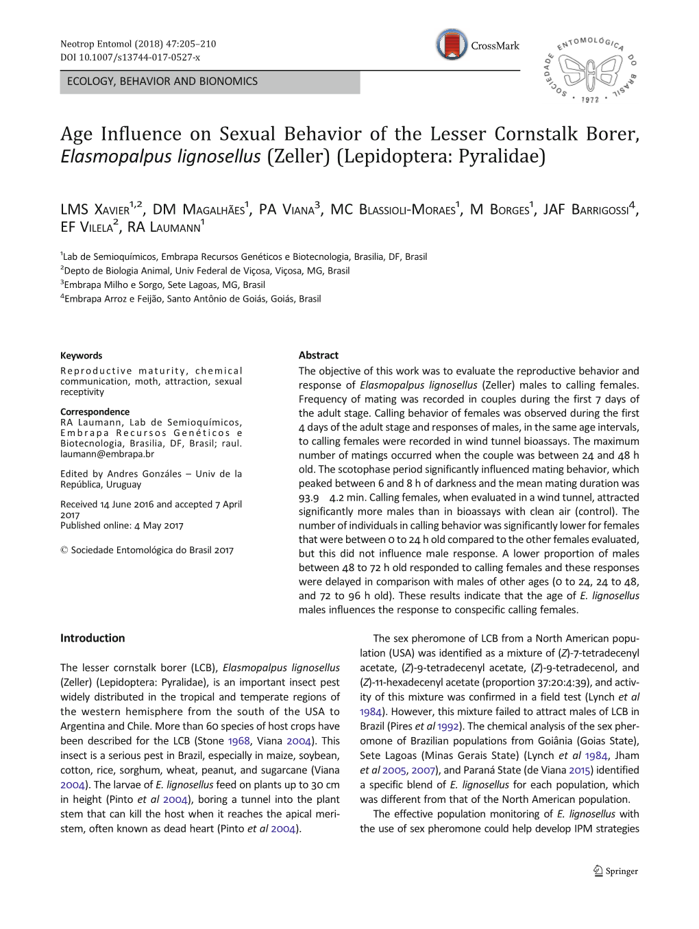 Age Influence on Sexual Behavior of the Lesser Cornstalk Borer, Elasmopalpus Lignosellus (Zeller) (Lepidoptera: Pyralidae)