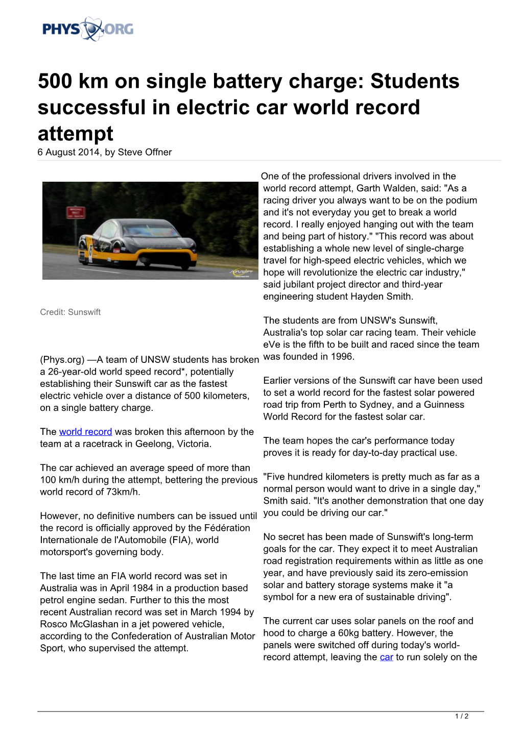 Students Successful in Electric Car World Record Attempt 6 August 2014, by Steve Offner