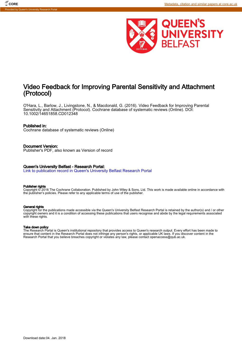 Video Feedback for Improving Parental Sensitivity and Attachment (Protocol)