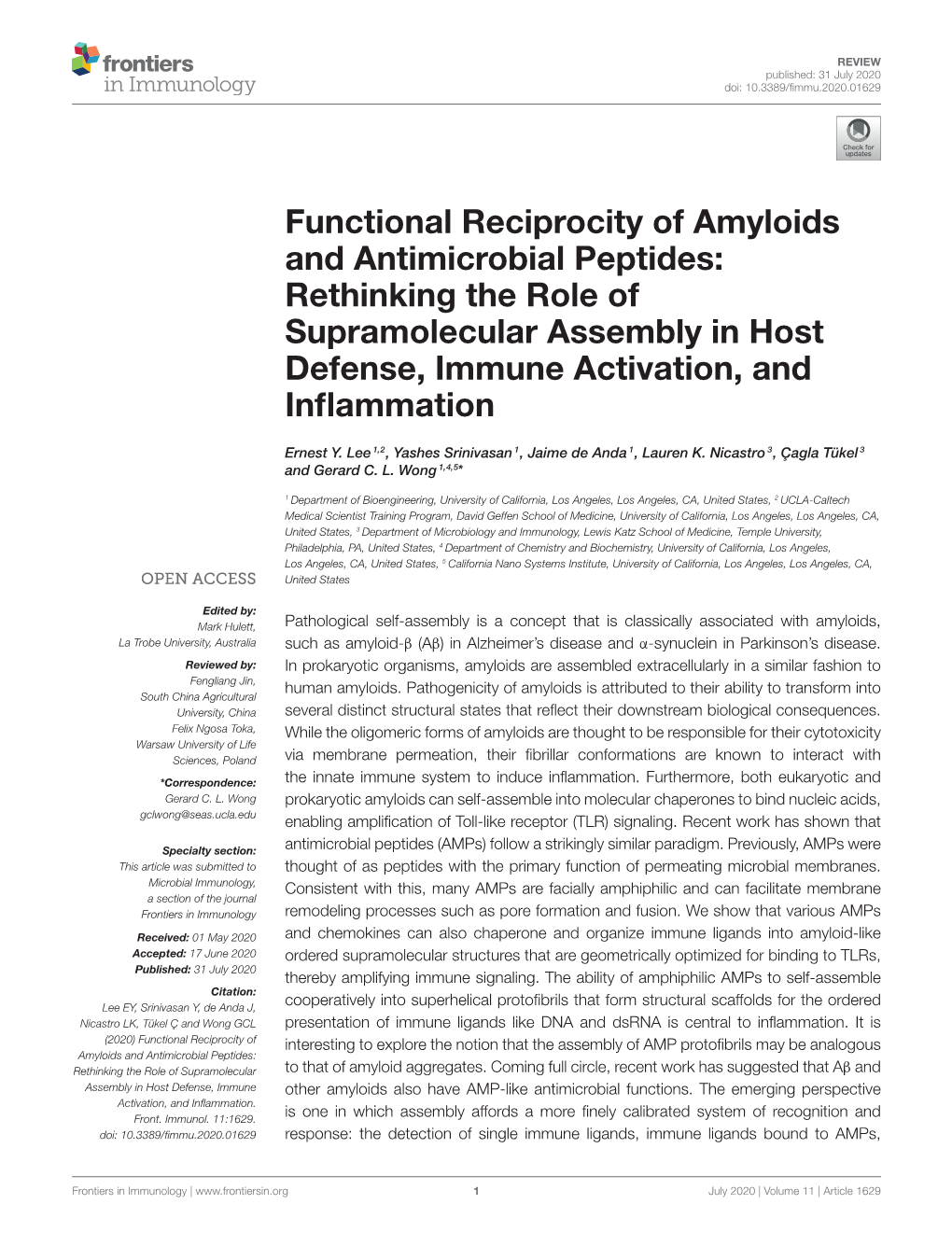 Functional Reciprocity of Amyloids and Antimicrobial Peptides: Rethinking the Role of Supramolecular Assembly in Host Defense, Immune Activation, and Inﬂammation