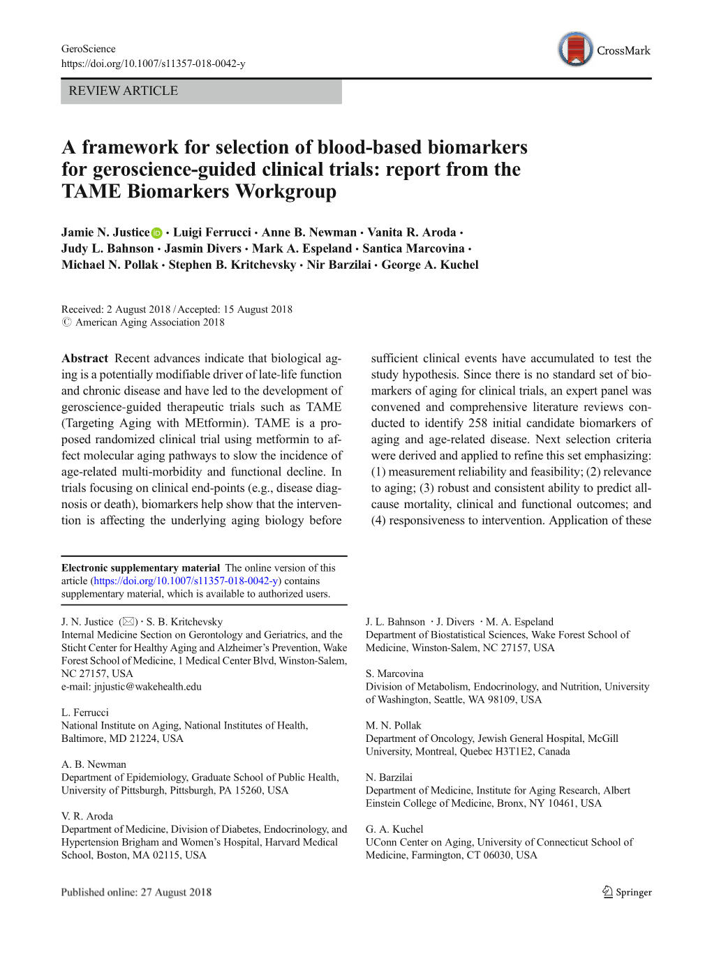 A Framework for Selection of Blood-Based Biomarkers for Geroscience-Guided Clinical Trials: Report from the TAME Biomarkers Workgroup