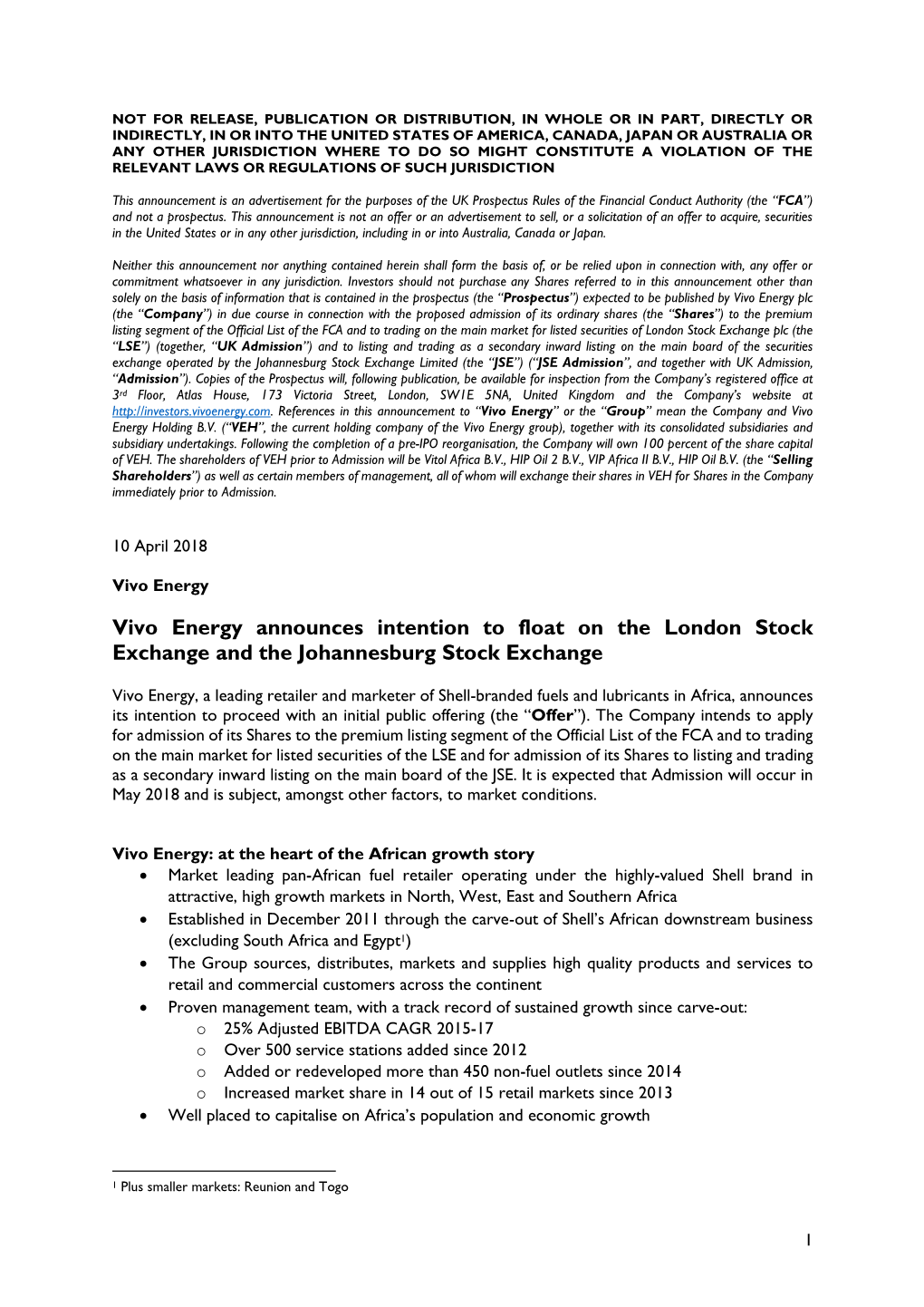 Vivo Energy Announces Intention to Float on the London Stock Exchange and the Johannesburg Stock Exchange