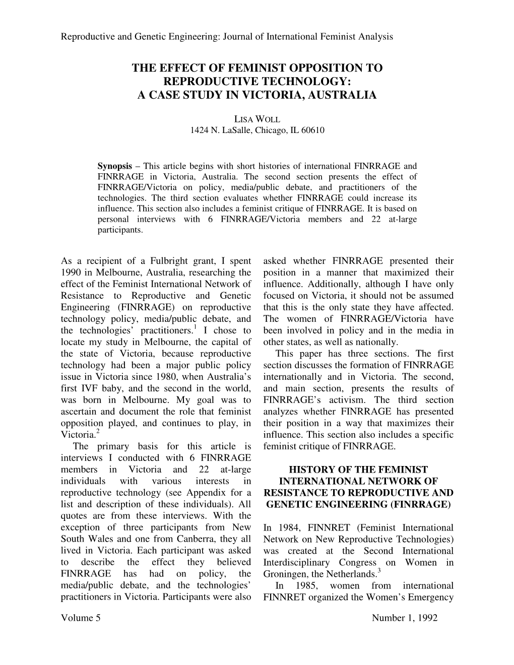 The Effect of Feminist Opposition to Reproductive Technology: a Case Study in Victoria, Australia