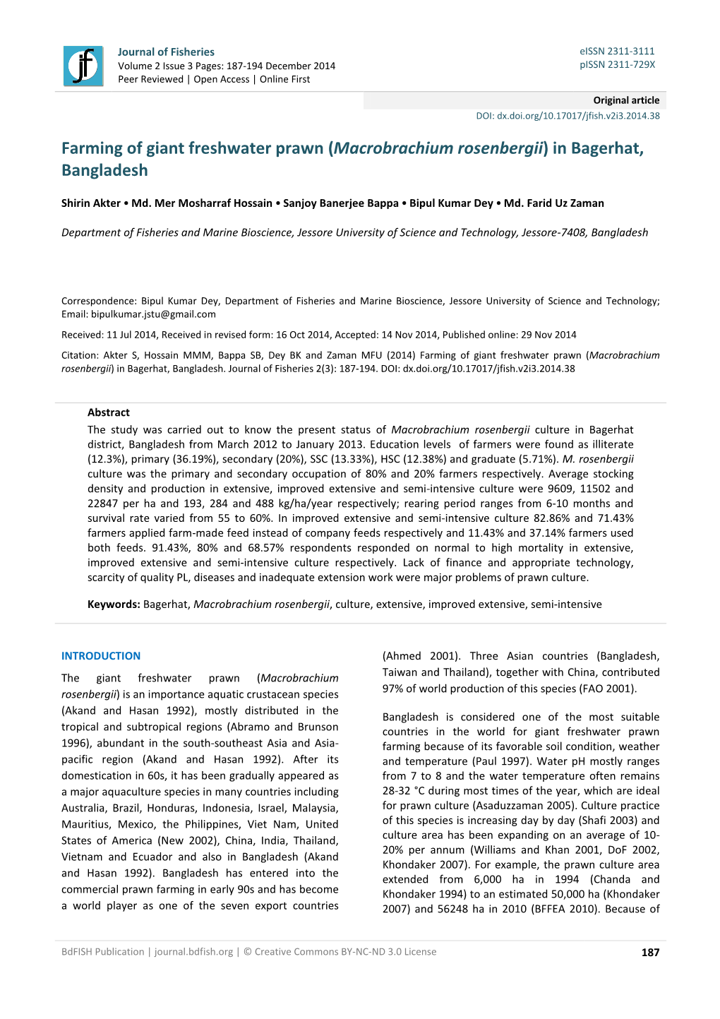 Farming of Giant Freshwater Prawn (Macrobrachium Rosenbergii) In