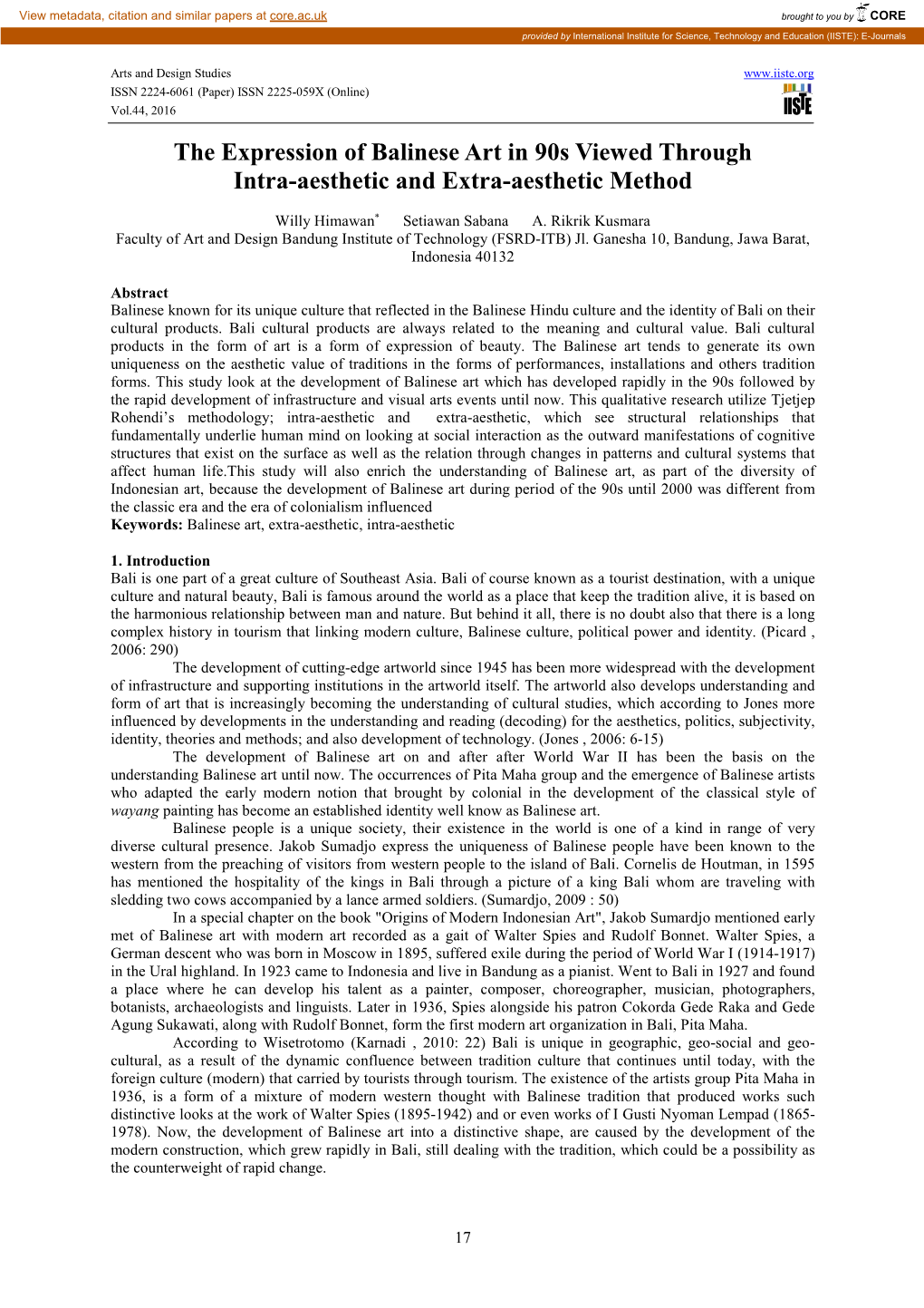 The Expression of Balinese Art in 90S Viewed Through Intra-Aesthetic and Extra-Aesthetic Method