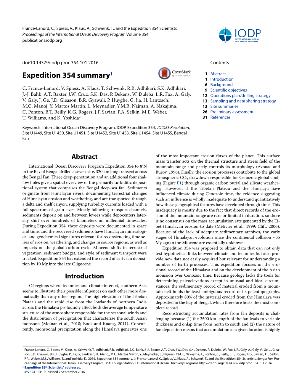 Expedition 354 Summary 1 Introduction 6 Background C.France-Lanord, V