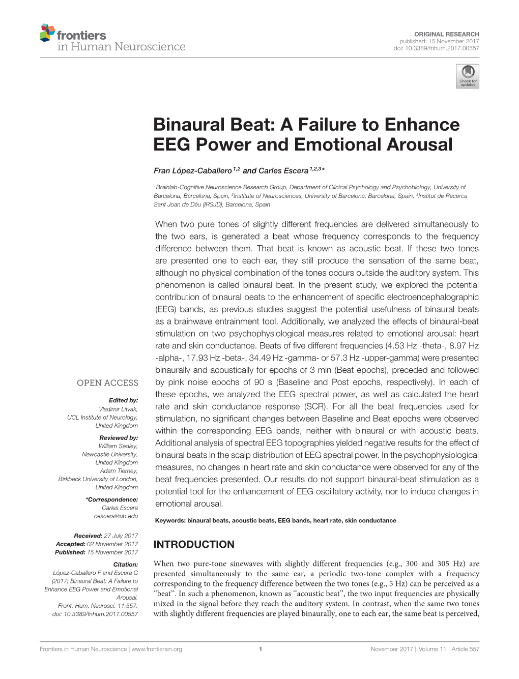 Binaural Beat: a Failure to Enhance EEG Power and Emotional Arousal