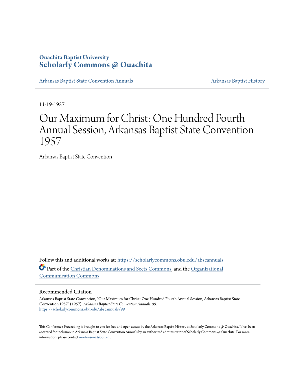 One Hundred Fourth Annual Session, Arkansas Baptist State Convention 1957 Arkansas Baptist State Convention