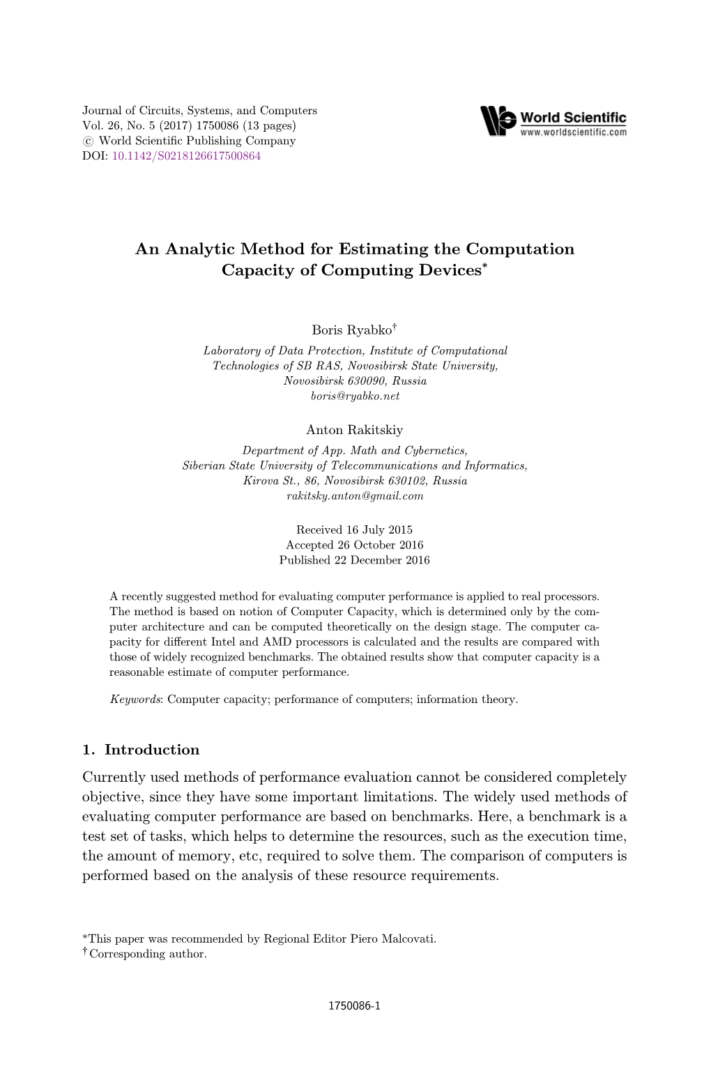 An Analytic Method for Estimating the Computation Capacity of Computing Devices¤