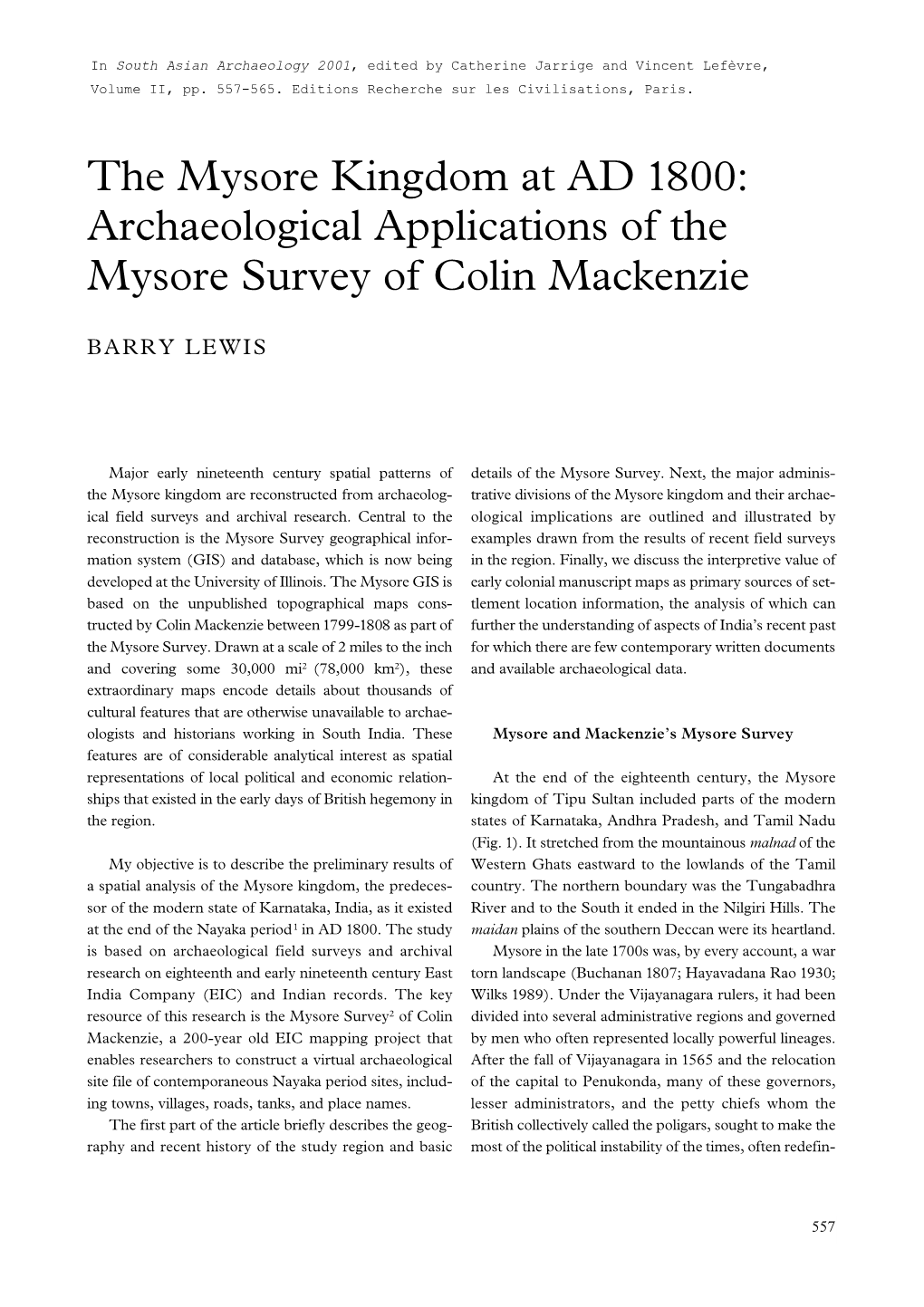 Archaeological Applications of the Mysore Survey of Colin Mackenzie