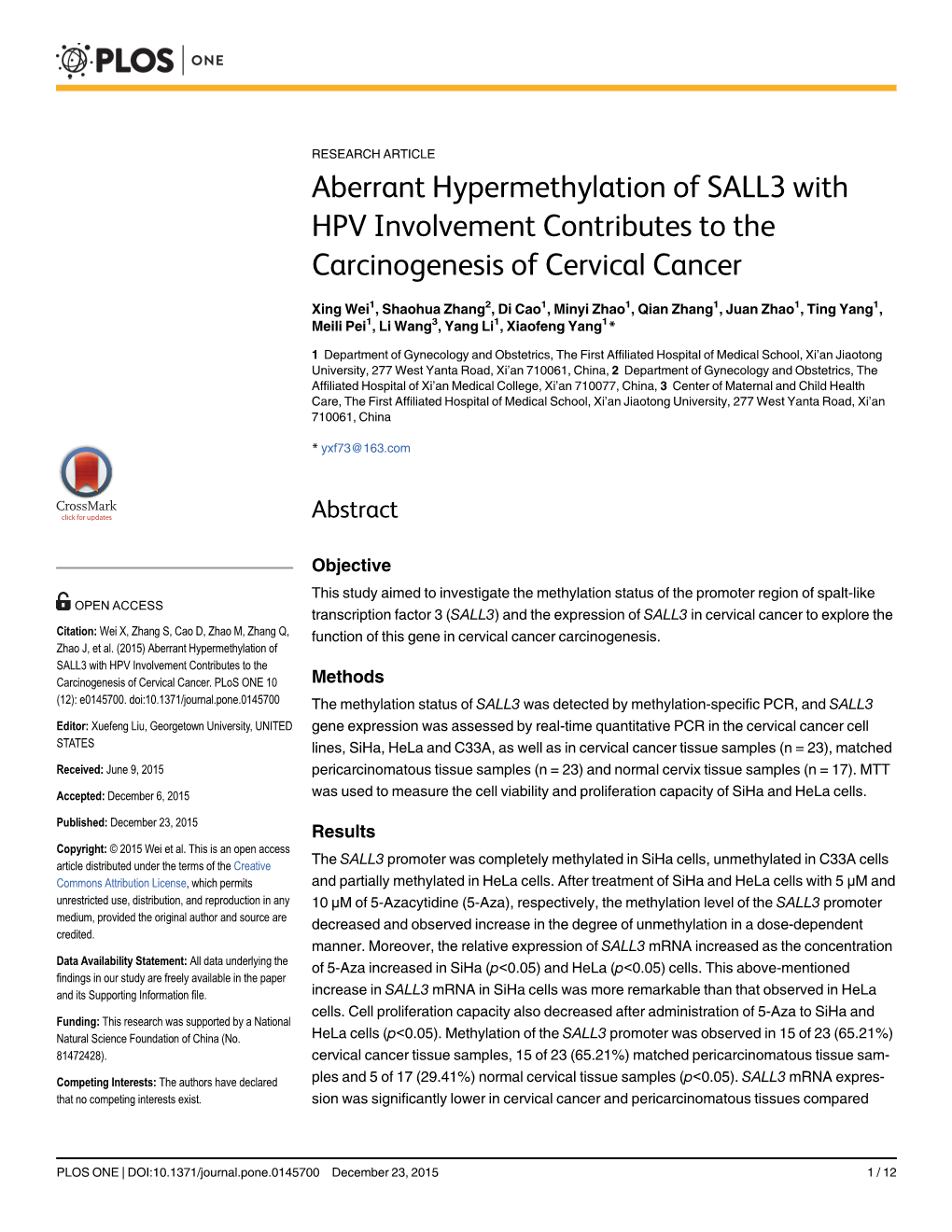 Aberrant Hypermethylation of SALL3 with HPV Involvement Contributes to the Carcinogenesis of Cervical Cancer