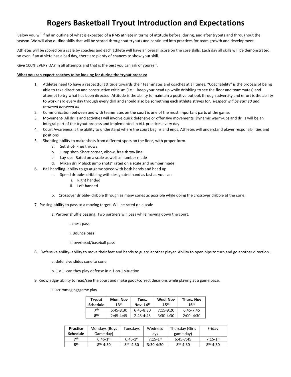 Rogers Basketball Tryout Introduction and Expectations