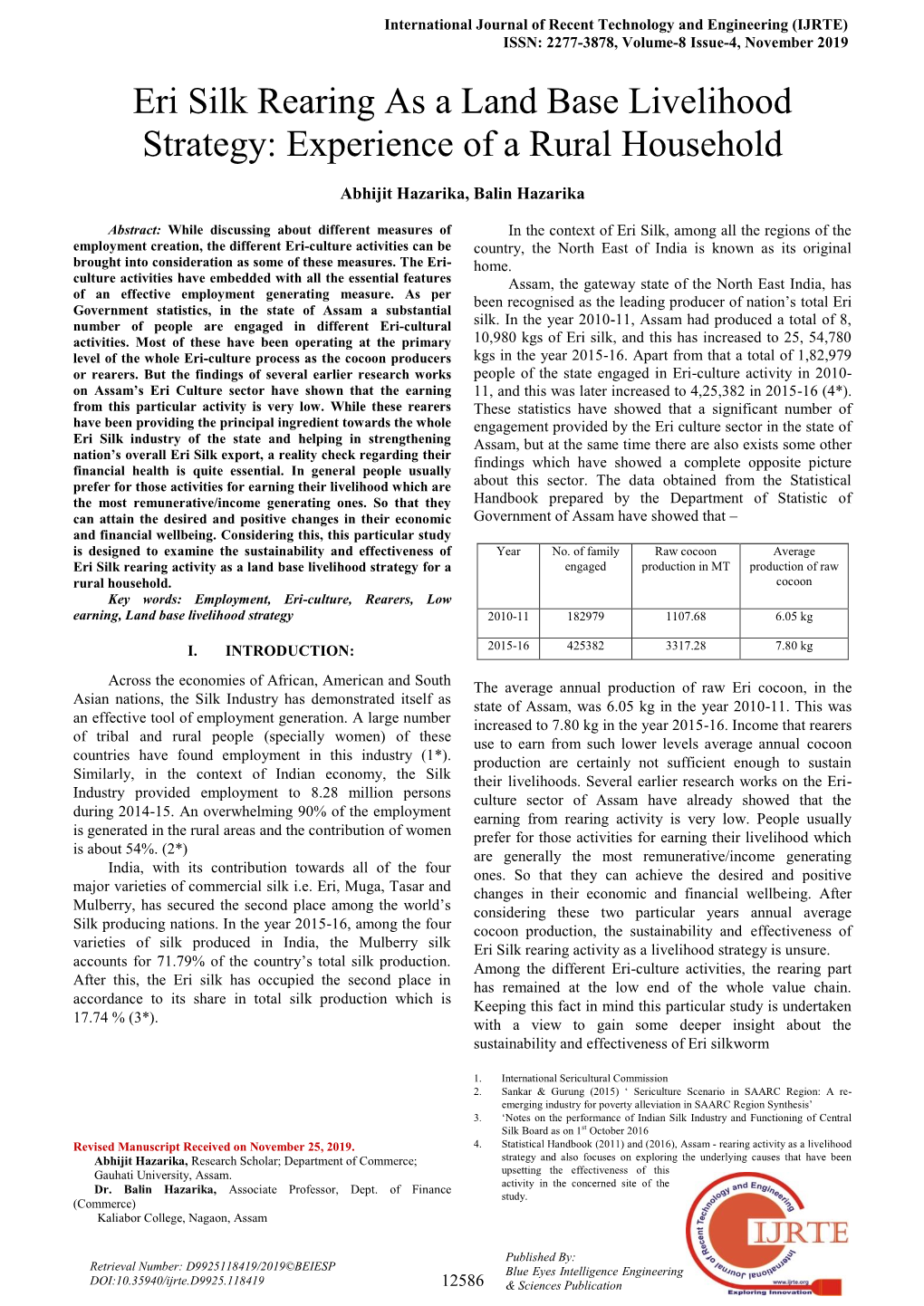 Eri Silk Rearing As a Land Base Livelihood Strategy: Experience of a Rural Household