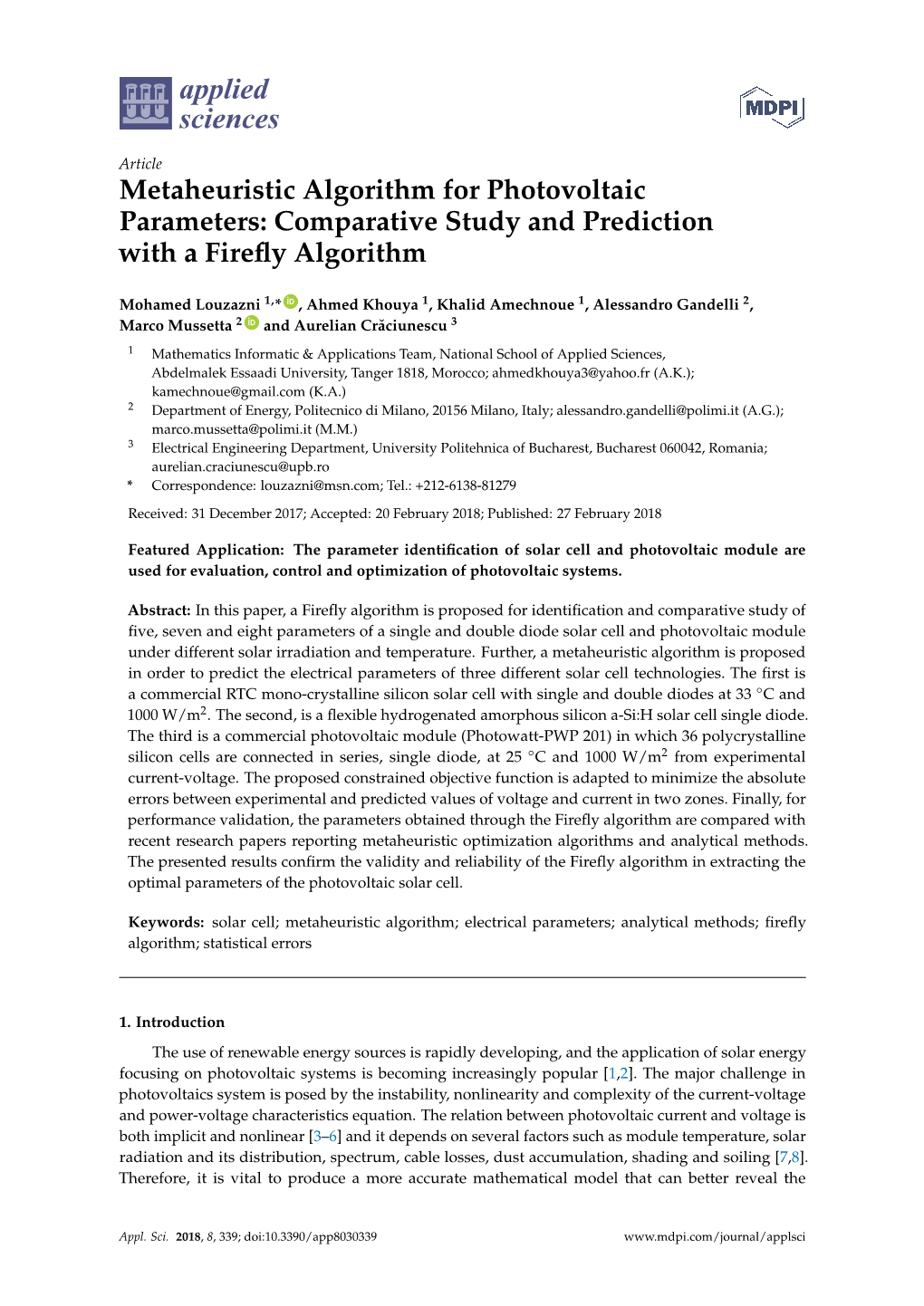 Metaheuristic Algorithm for Photovoltaic Parameters: Comparative Study and Prediction with a Fireﬂy Algorithm