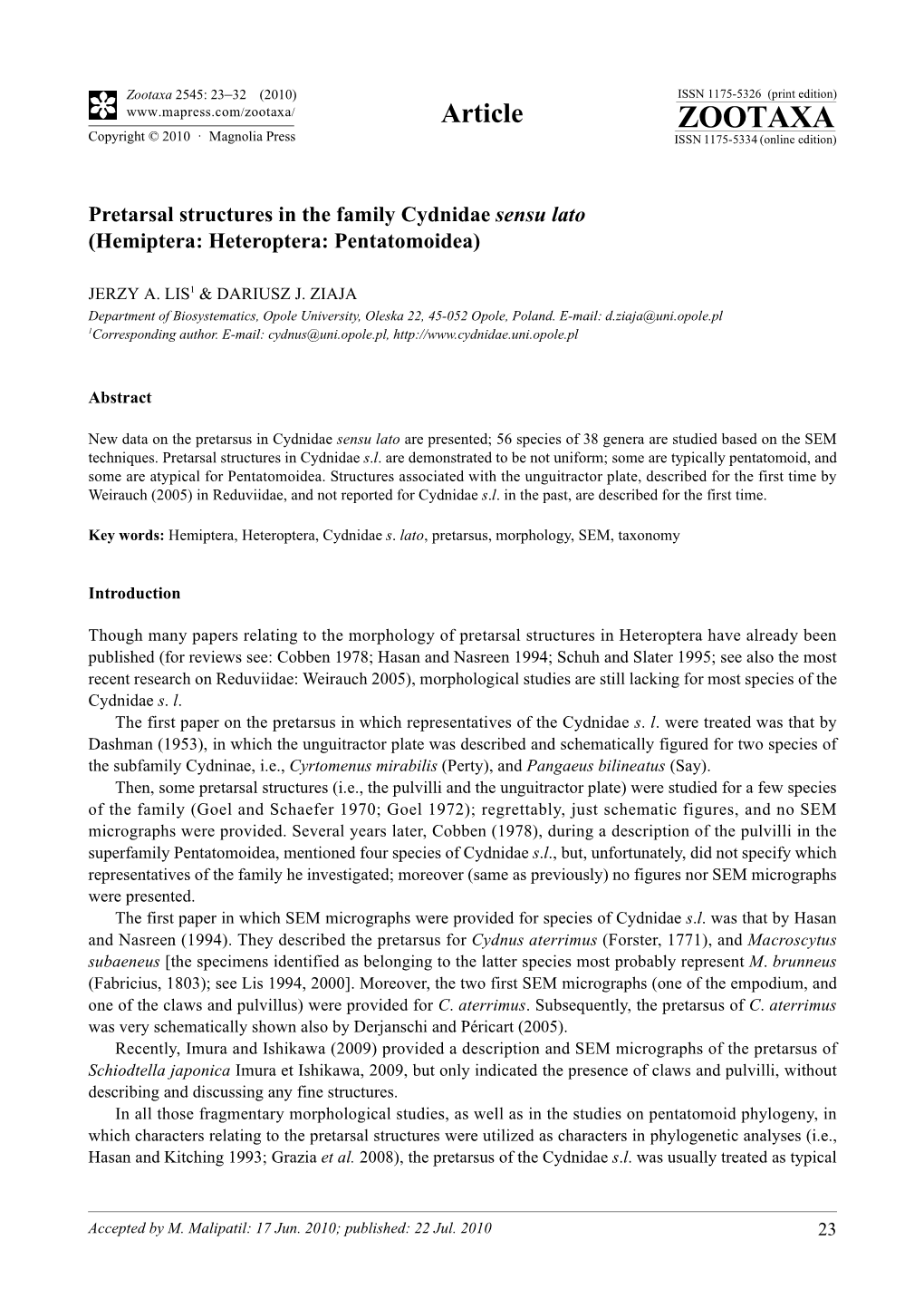 Zootaxa, Pretarsal Structures in the Family Cydnidae Sensu Lato