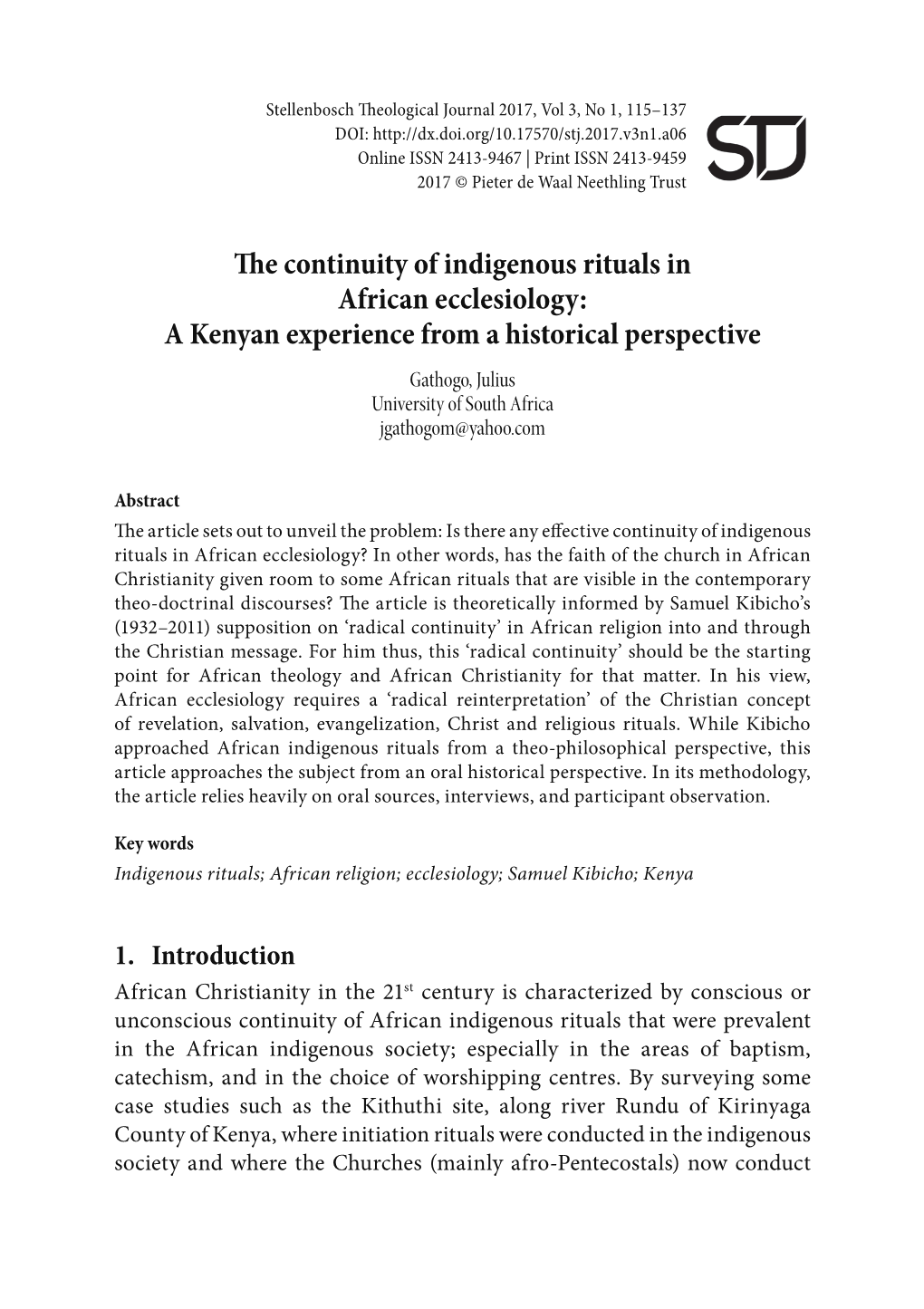 E Continuity of Indigenous Rituals in African Ecclesiology: a Kenyan