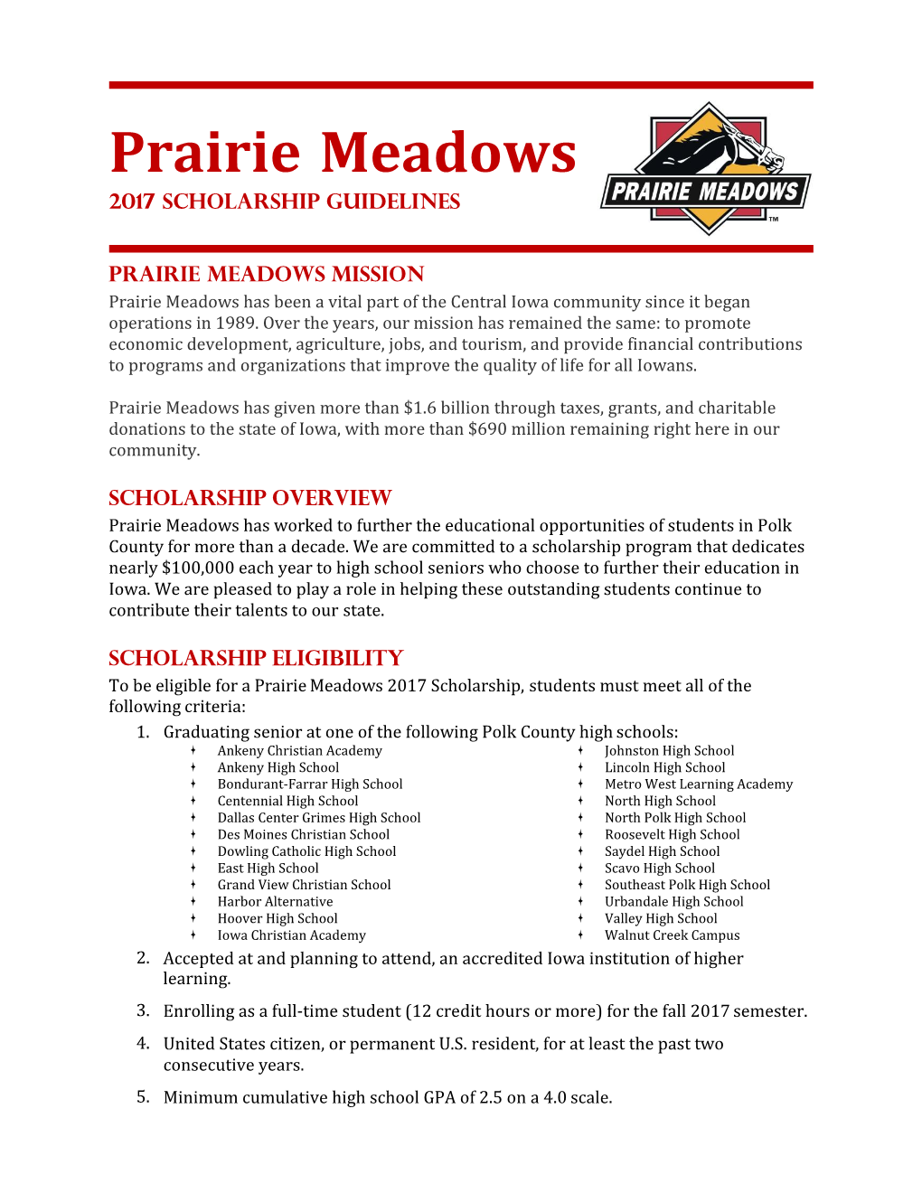 Prairie Meadows 2017 Scholarship Guidelines