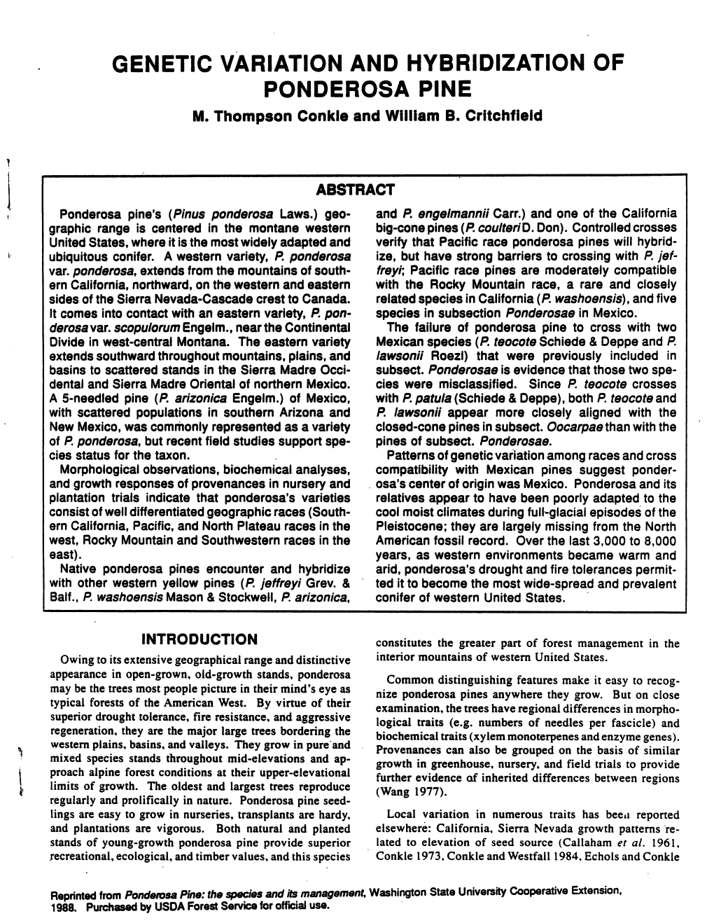 Genetic Variation and Hybridization of Ponderosa Pine