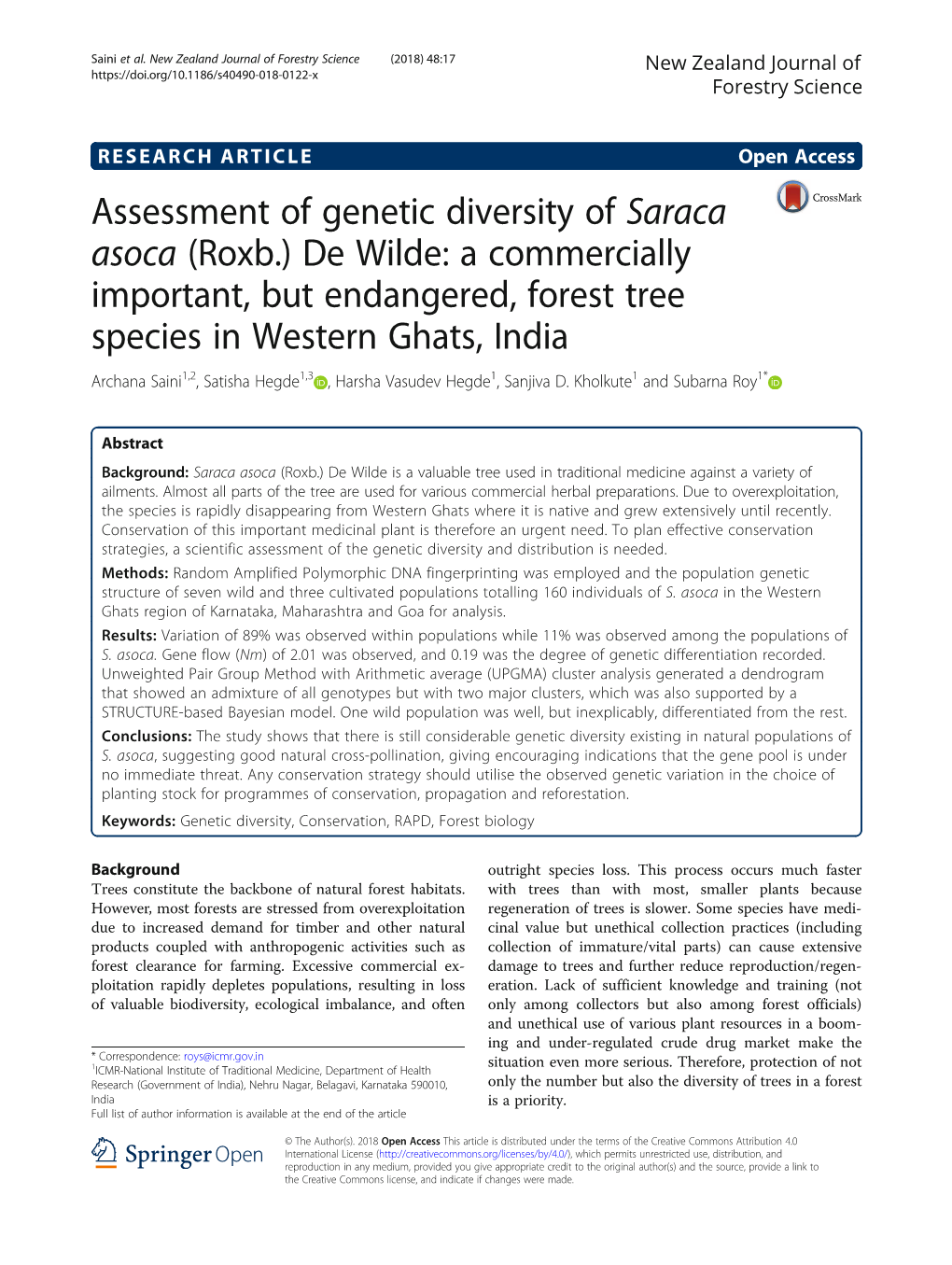 Assessment of Genetic Diversity of Saraca Asoca (Roxb.) De Wilde