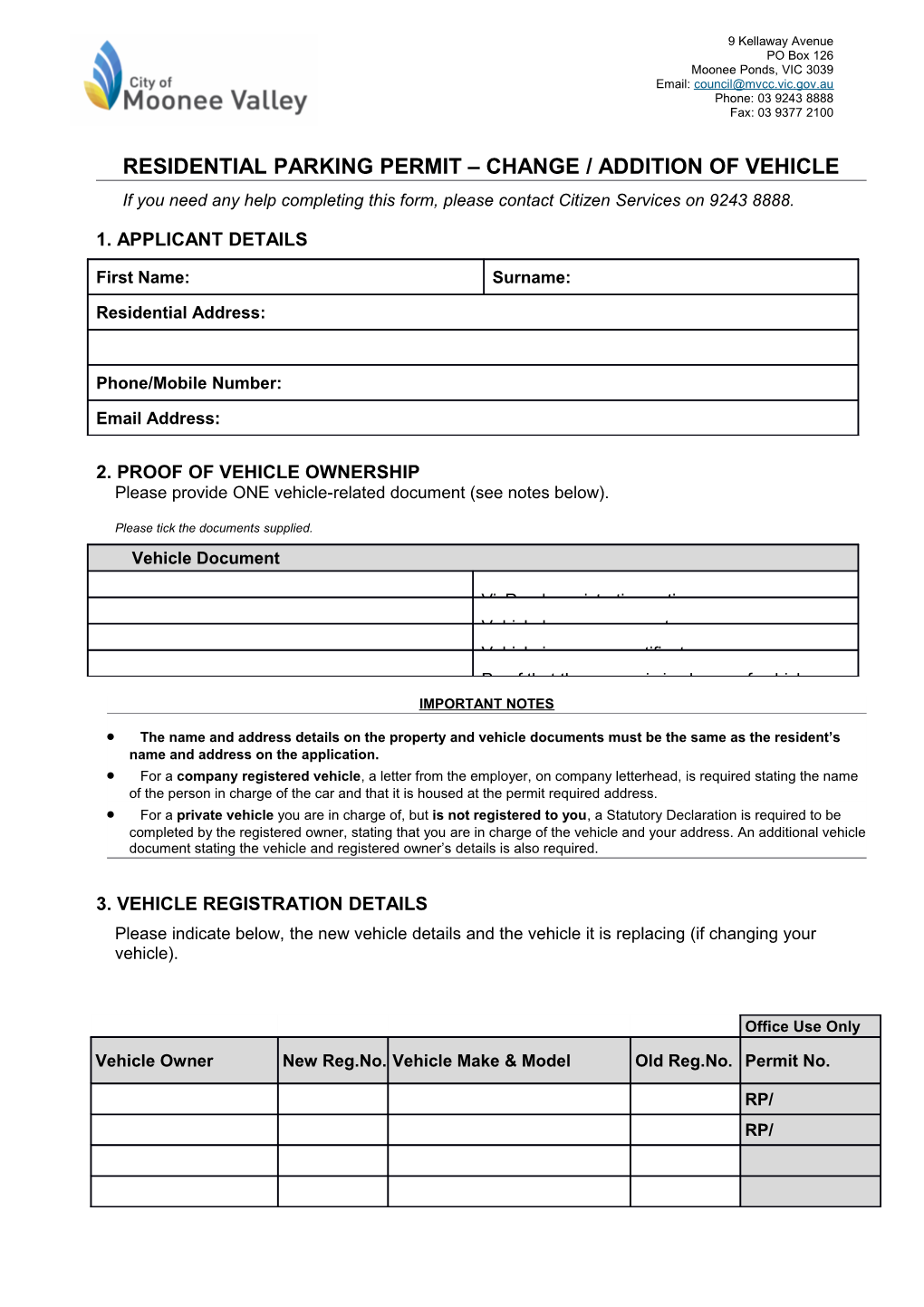 Residential Parking Permit Change / Addition of Vehicle