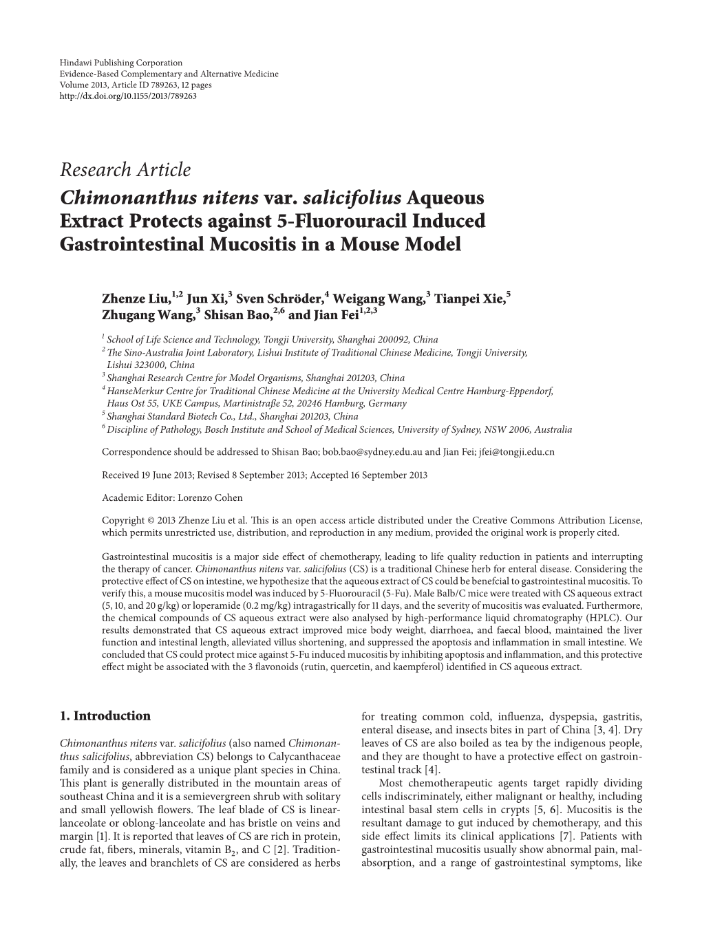 Extract Protects Against 5-Fluorouracil Induced Gastrointestinal Mucositis in a Mouse Model