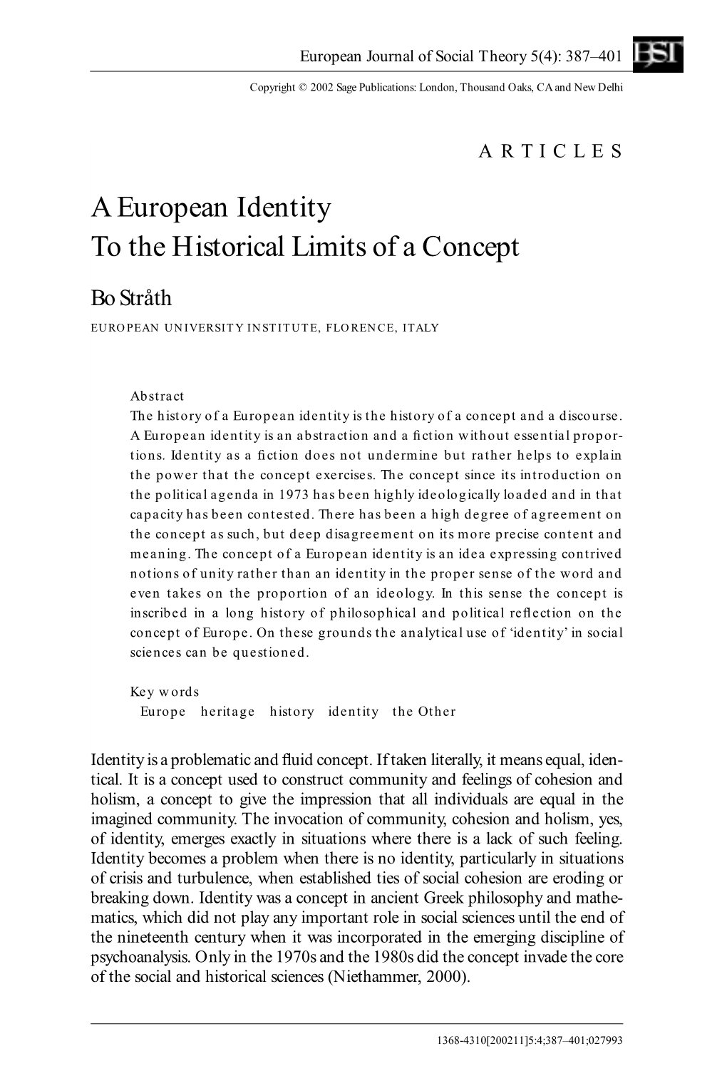 A European Identity to the Historical Limits of a Concept