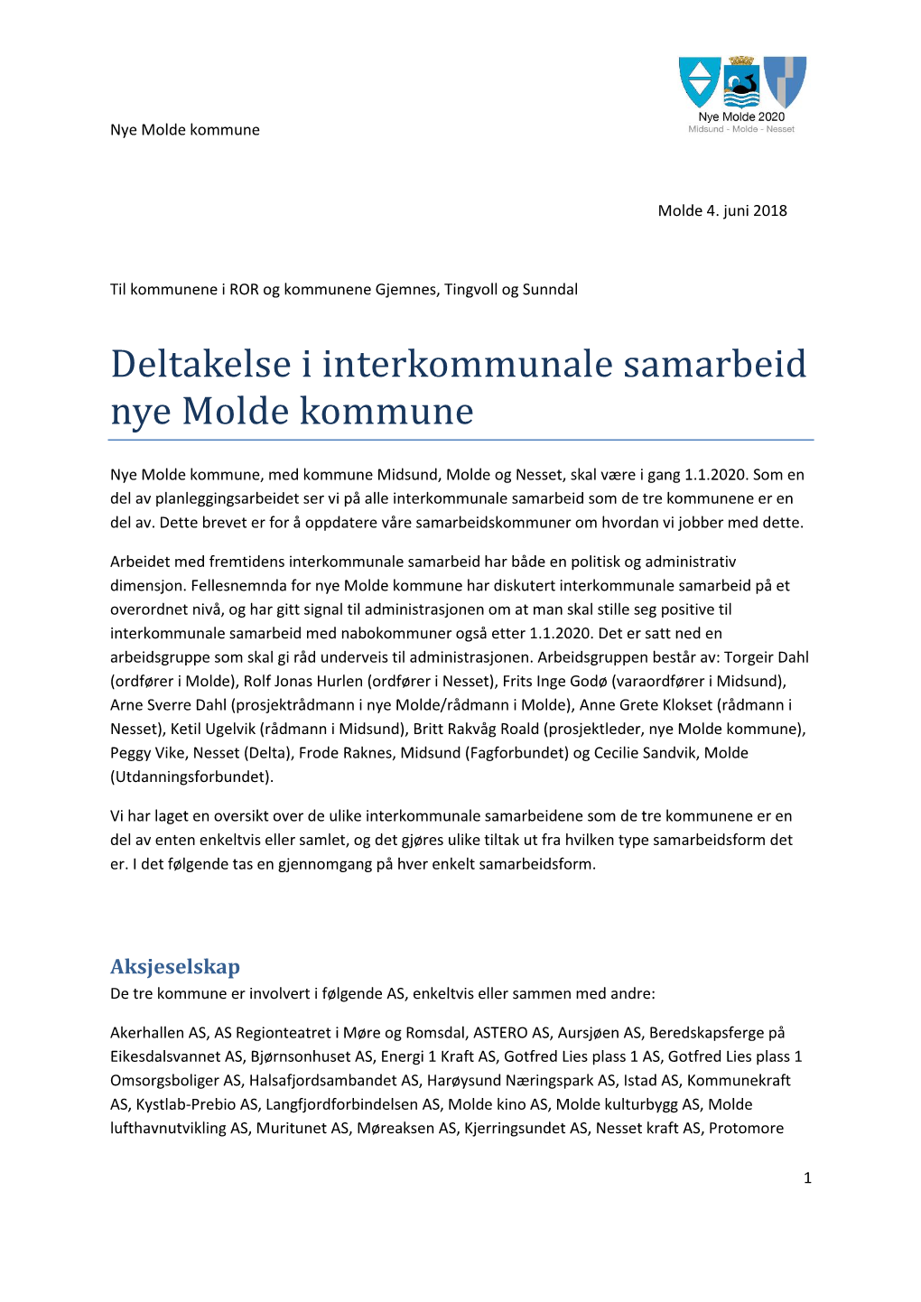 Deltakelse I Interkommunale Samarbeid Nye Molde Kommune