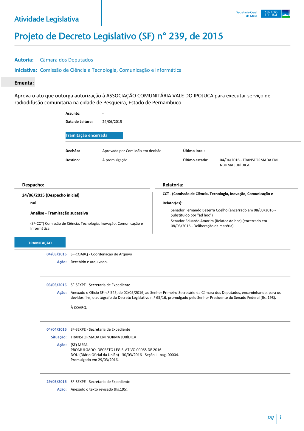 Projeto De Decreto Legislativo (SF) N° 239, De 2015