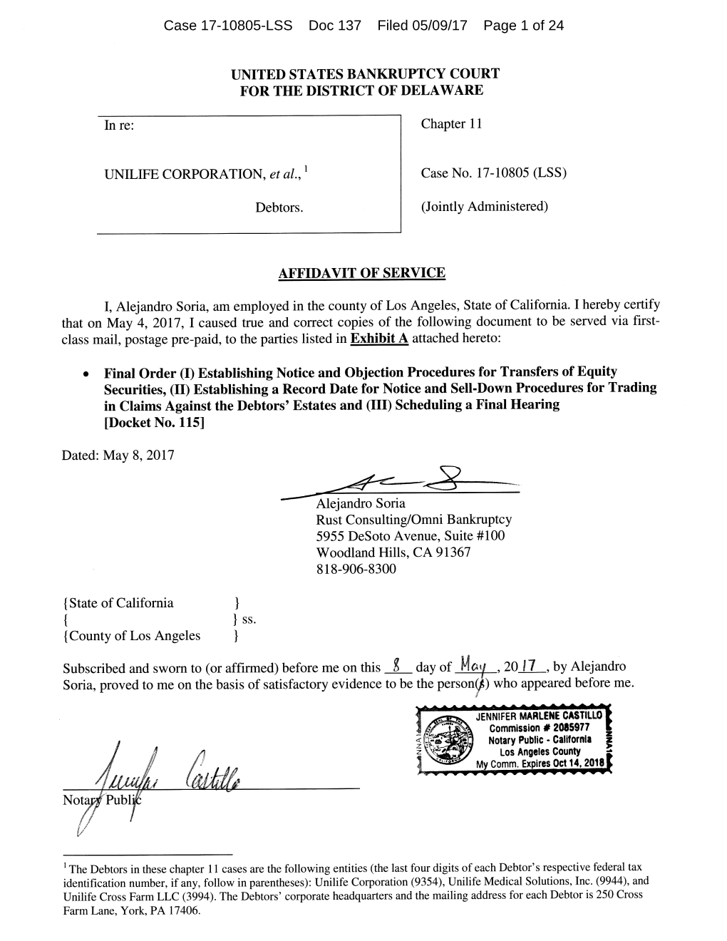 Case 17-10805-LSS Doc 137 Filed 05/09/17 Page 1 of 24 Case 17-10805-LSS Doc 137 Filed 05/09/17 Page 2 of 24 Unilife Corporation - U.S