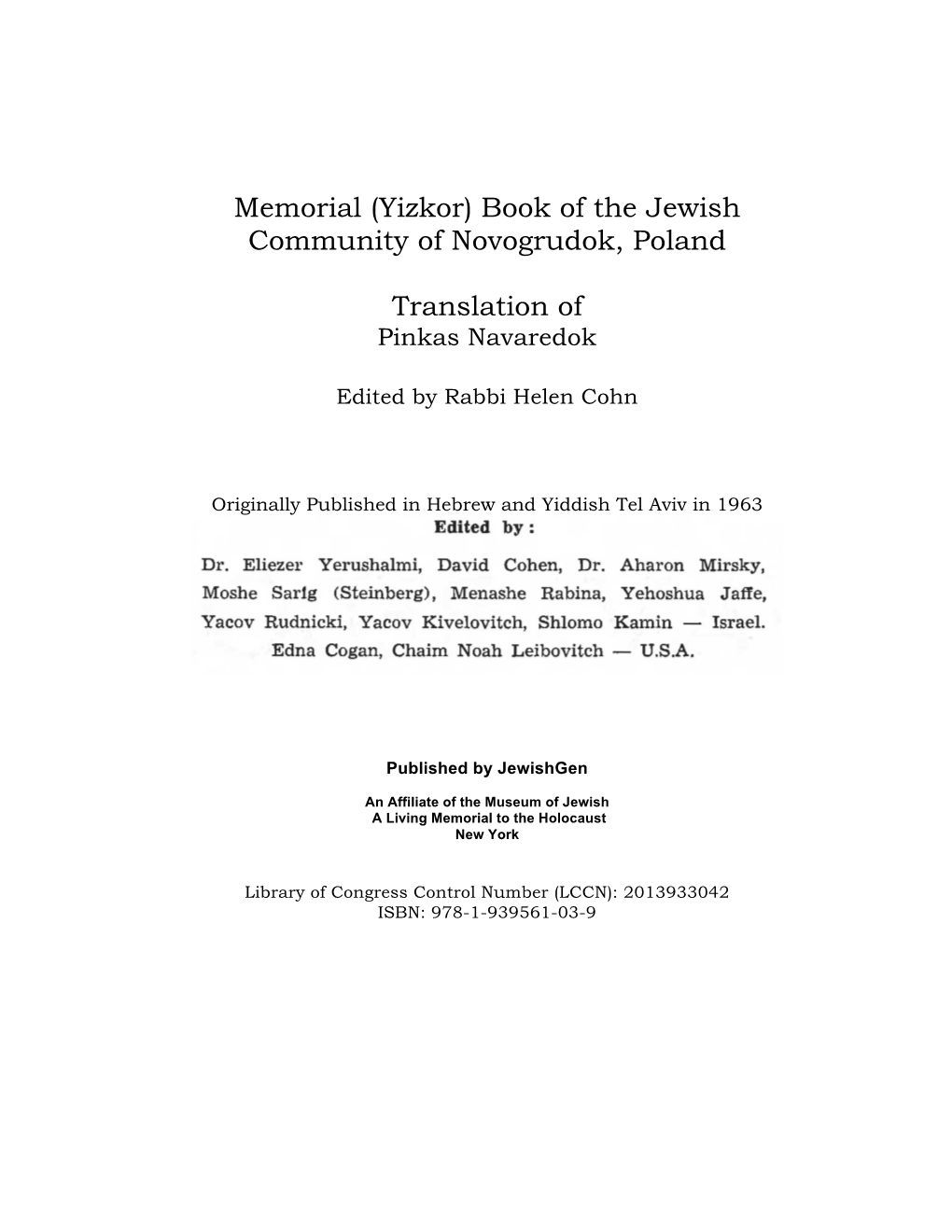 Yizkor) Book of the Jewish Community of Novogrudok, Poland