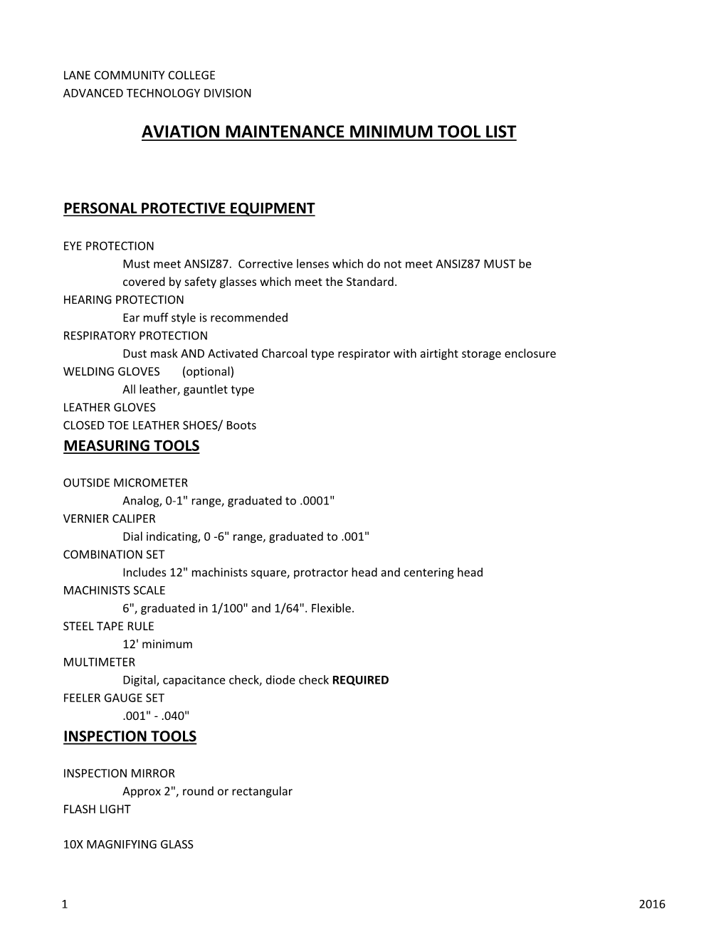 Aviation Maintenance Minimum Tool List