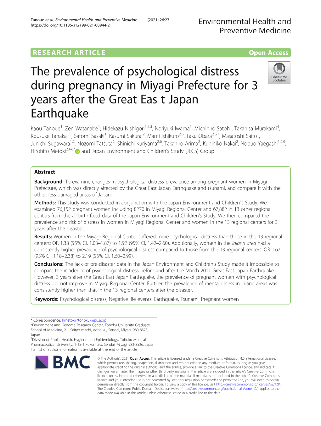 The Prevalence of Psychological Distress During Pregnancy in Miyagi