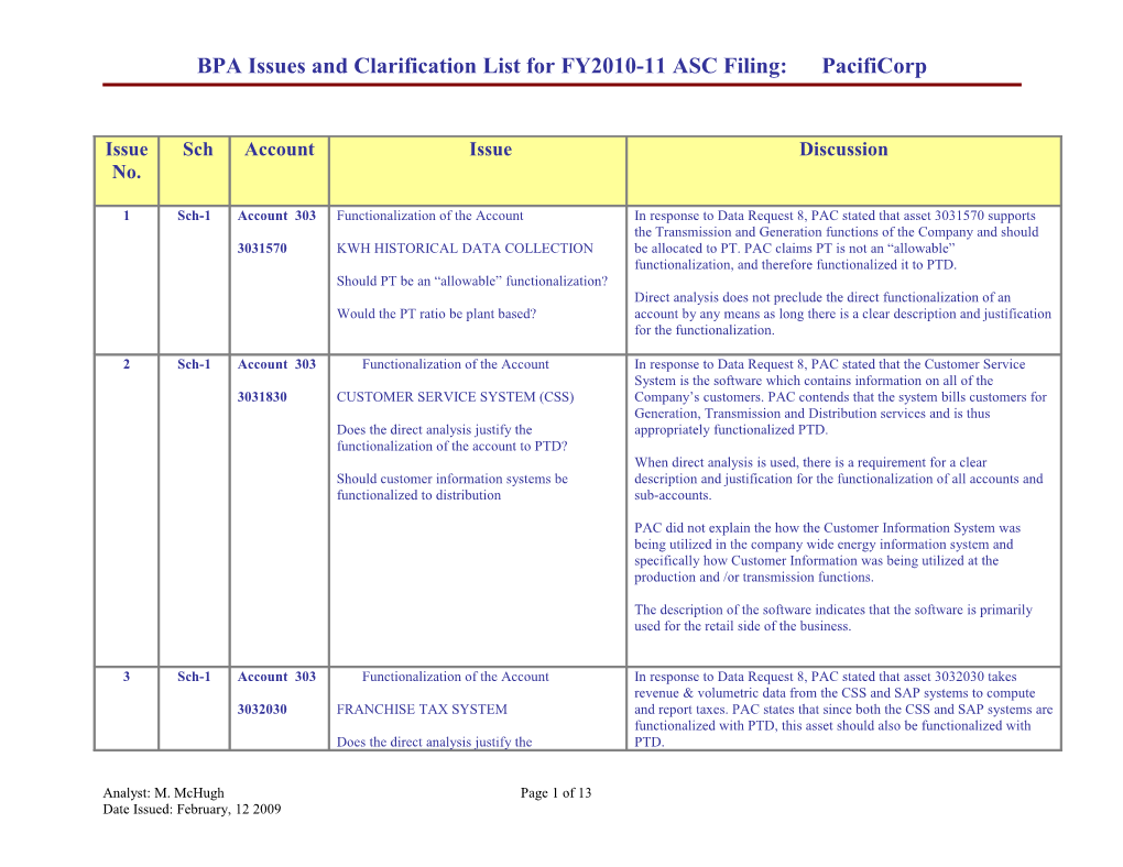 BPA Issues and Clarification List for FY 2006 ASCM: Pacificorp s3