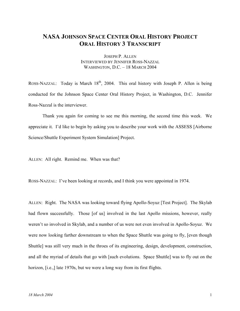 Nasa Johnson Space Center Oral History Project Oral History 3 Transcript