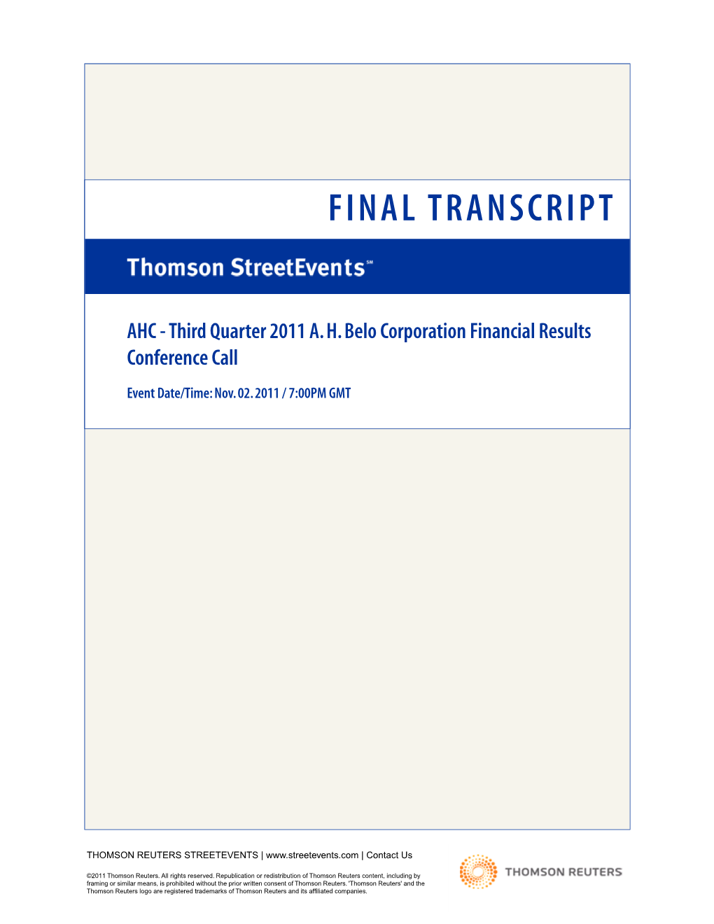 Third Quarter 2011 AH Belo Corporation