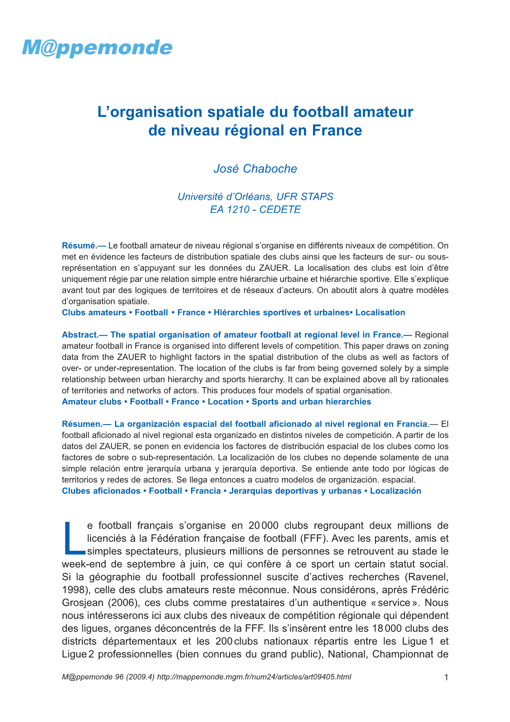 L'organisation Spatiale Du Football Amateur De Niveau Régional En