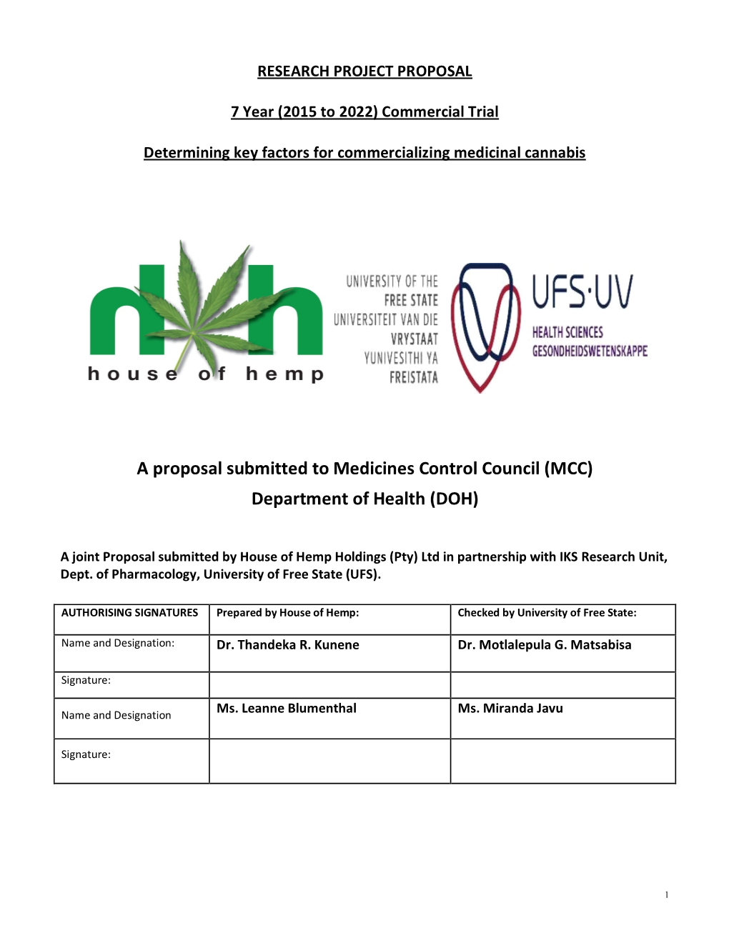 A Proposal Submitted to Medicines Control Council (MCC) Department of Health (DOH)