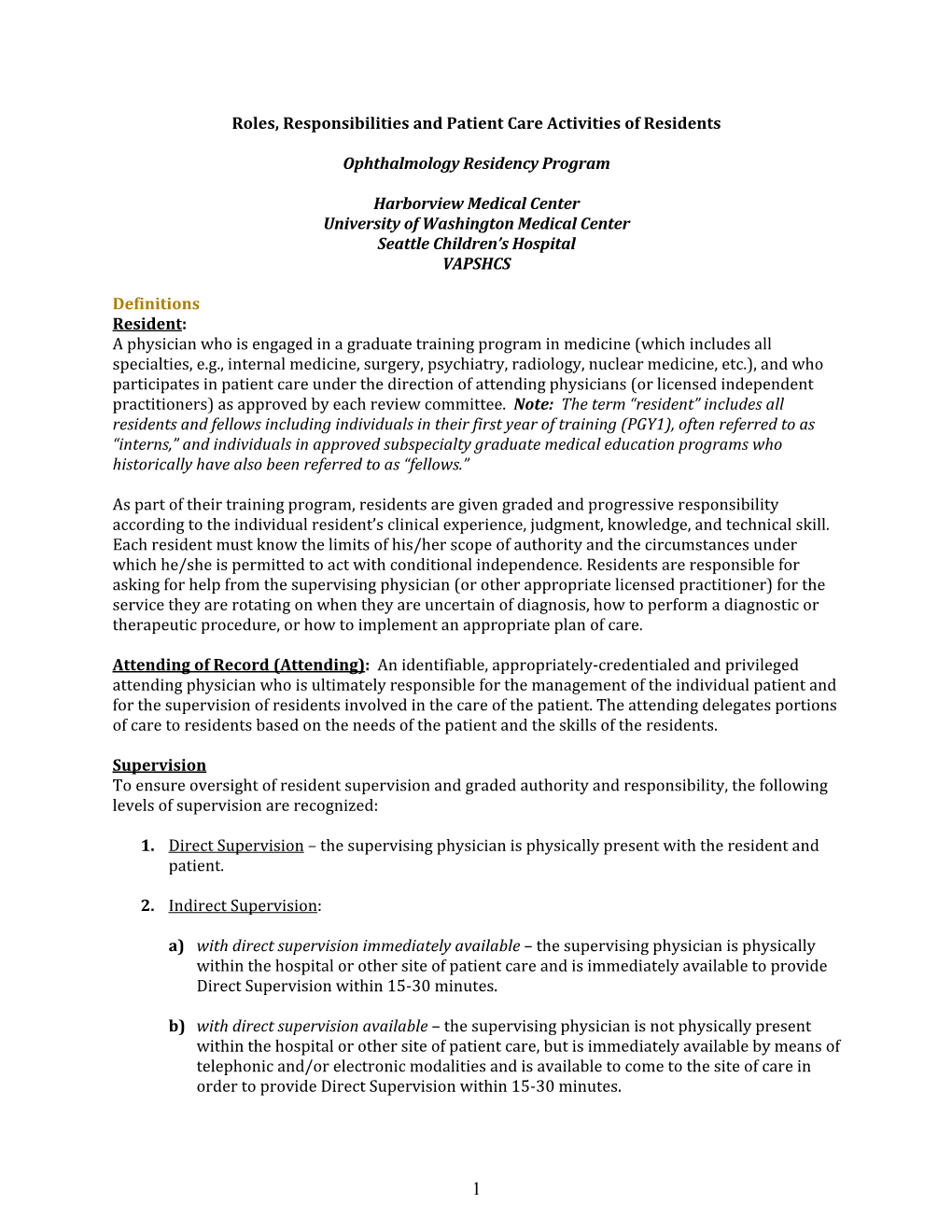 Roles, Responsibilities and Patient Care Activities of Residents