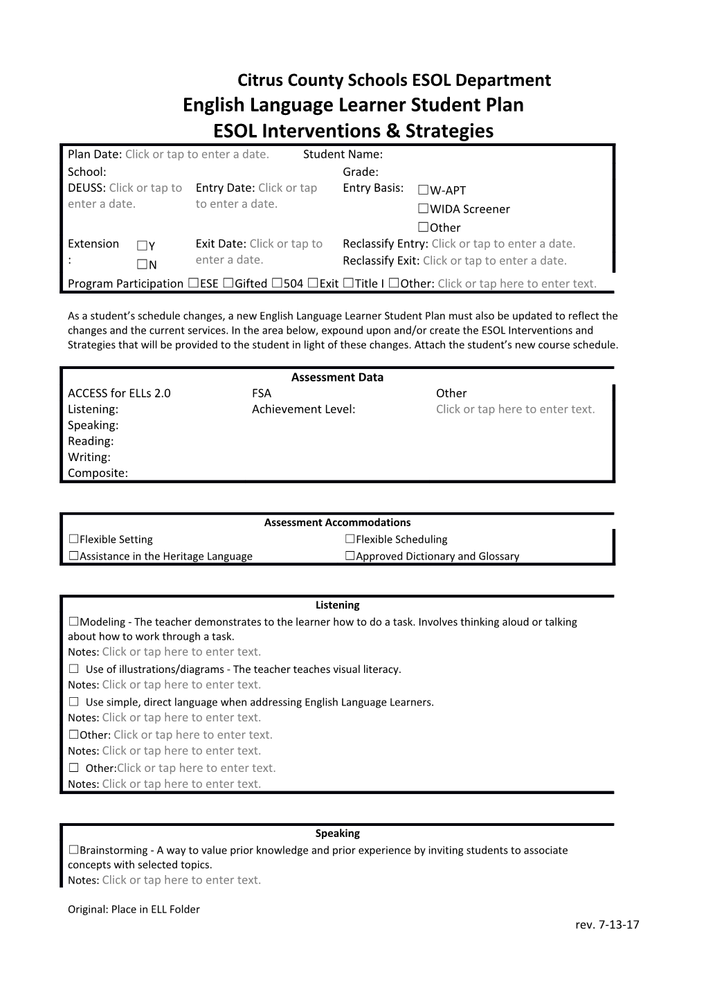 English Language Learner Student Plan