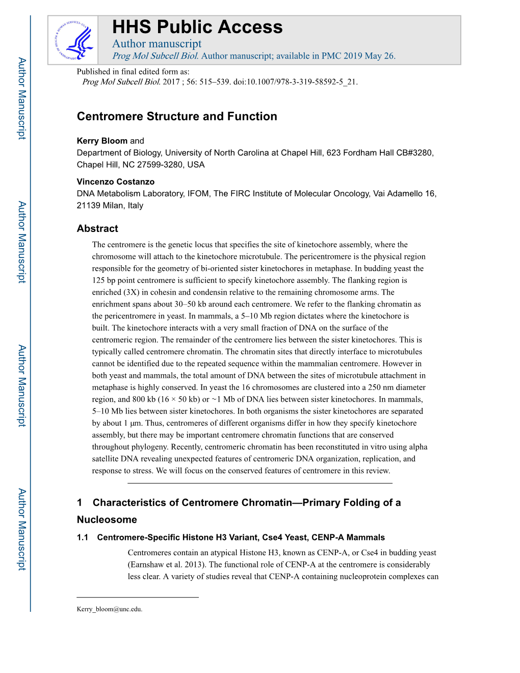 Centromere Structure and Function